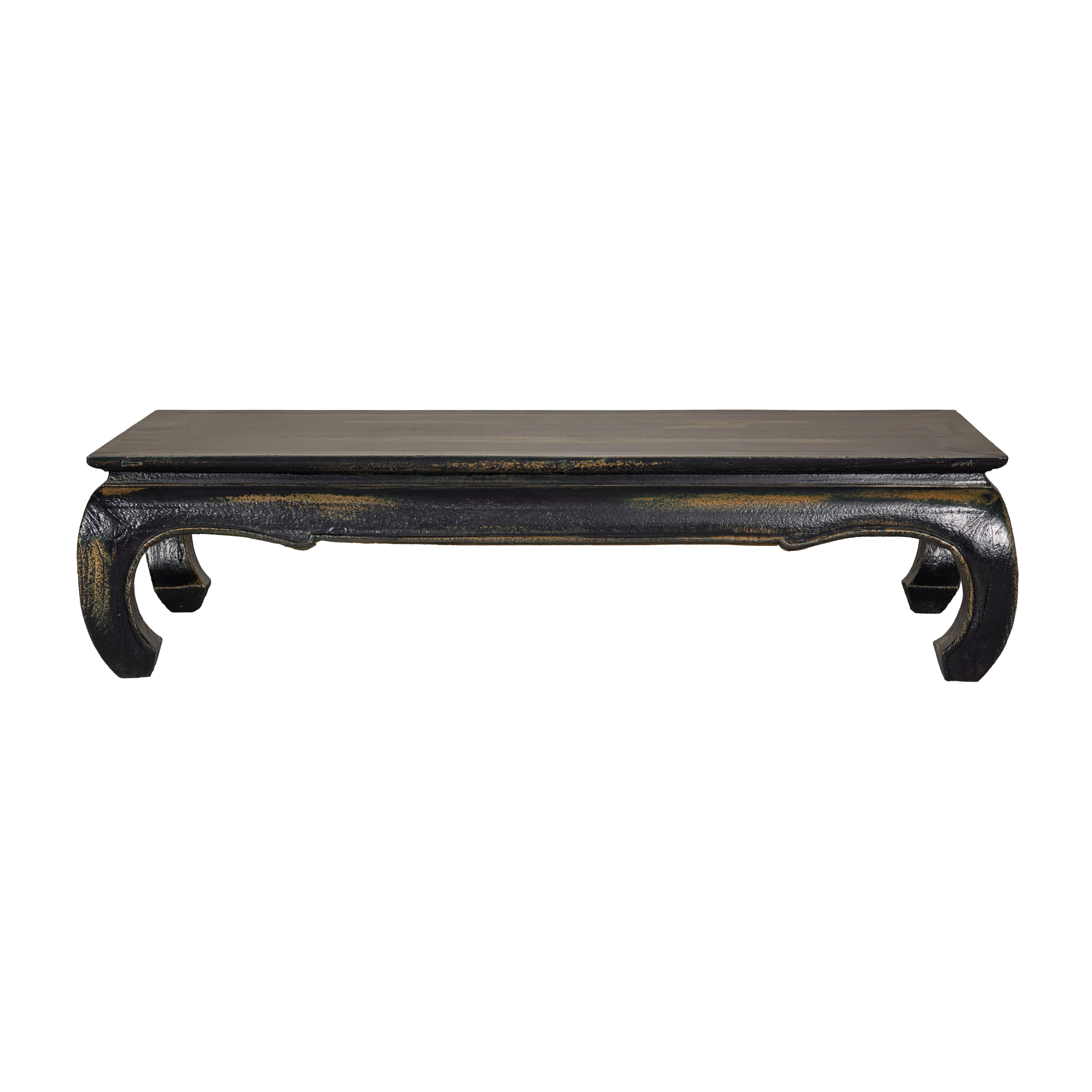 Distressed Dark Blue Chow Leg Coffee Table with Ocher Accents and Waisted Apron For Sale 10