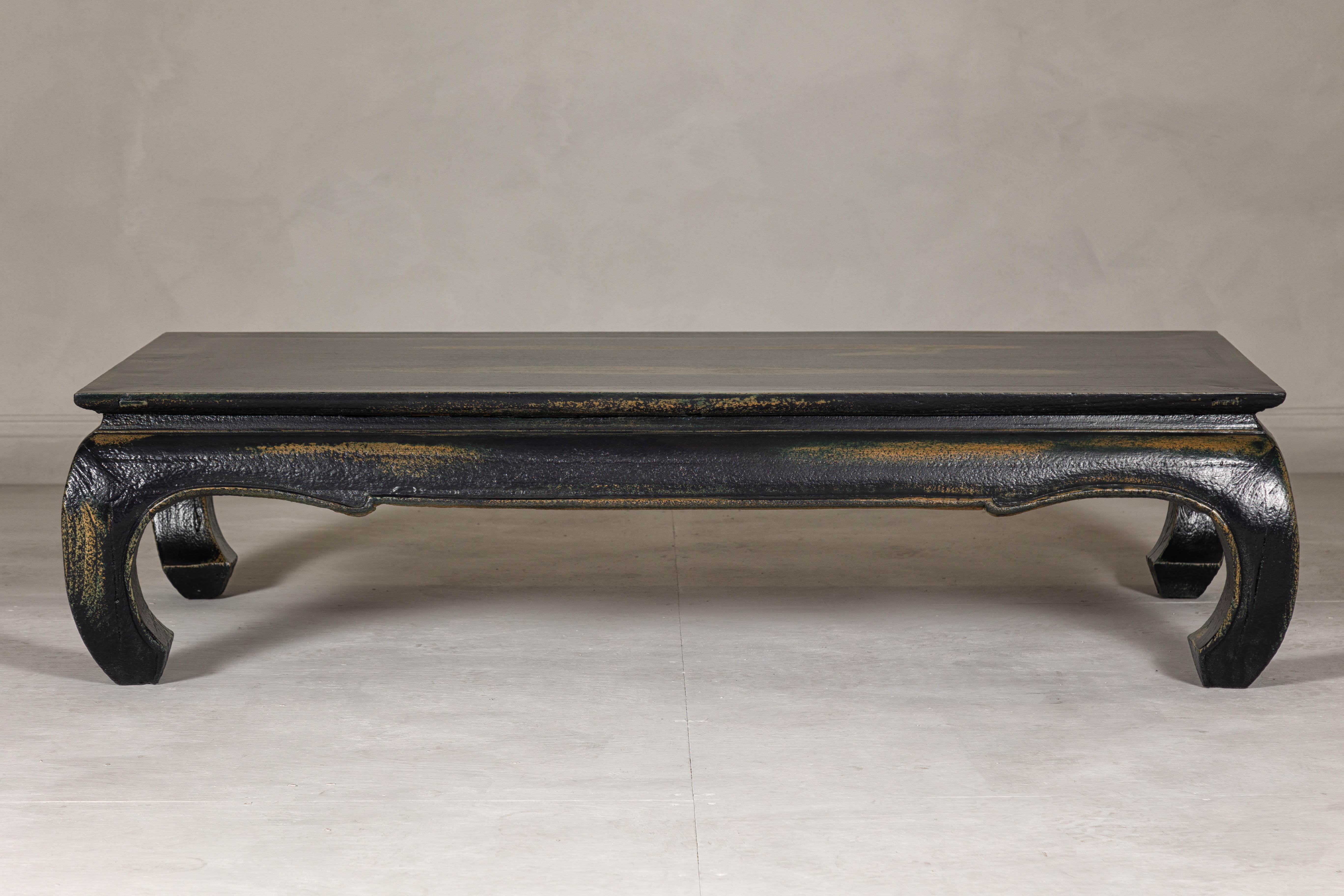 Thai Distressed Dark Blue Chow Leg Coffee Table with Ocher Accents and Waisted Apron For Sale