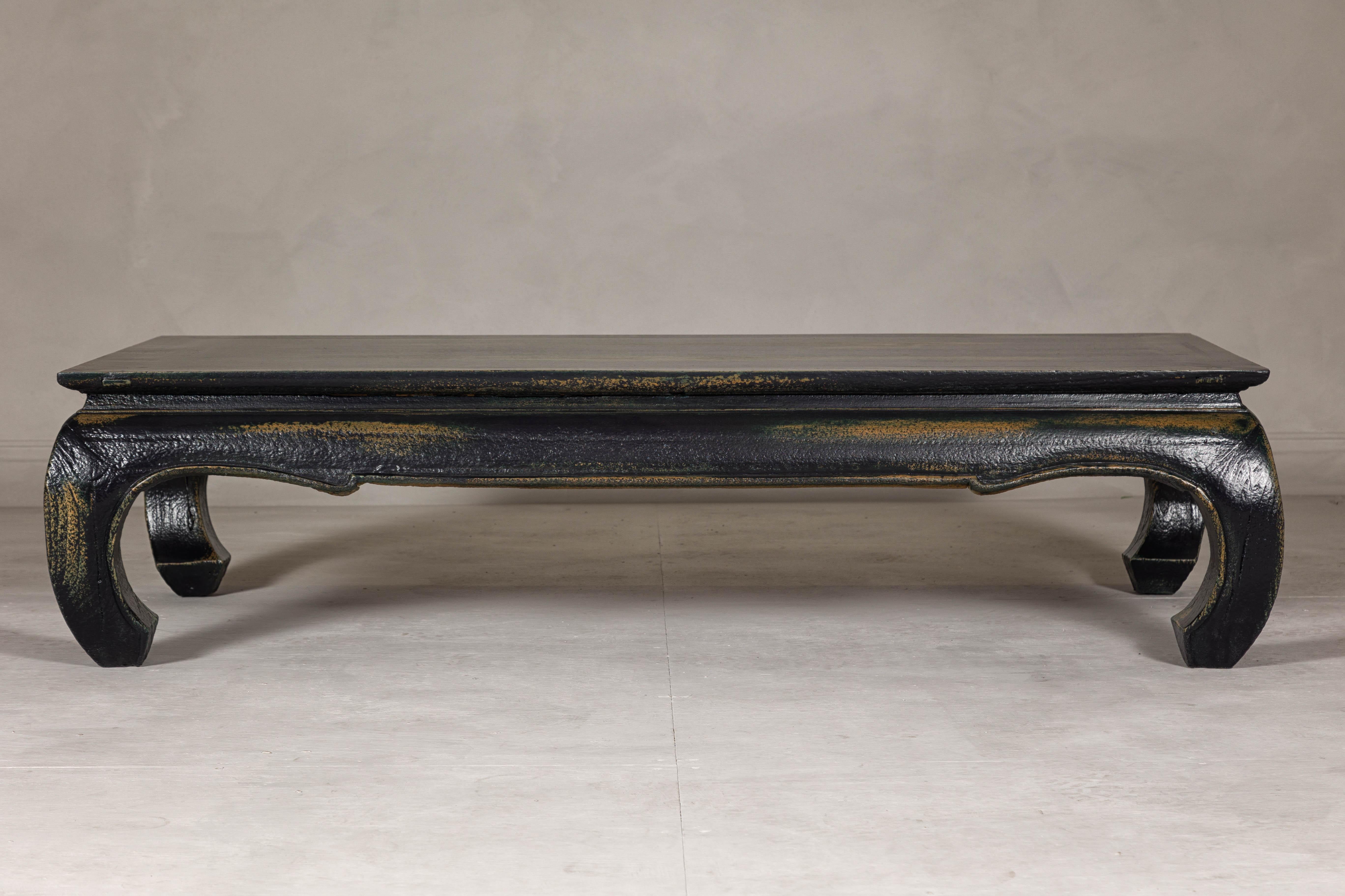 Carved Distressed Dark Blue Chow Leg Coffee Table with Ocher Accents and Waisted Apron For Sale