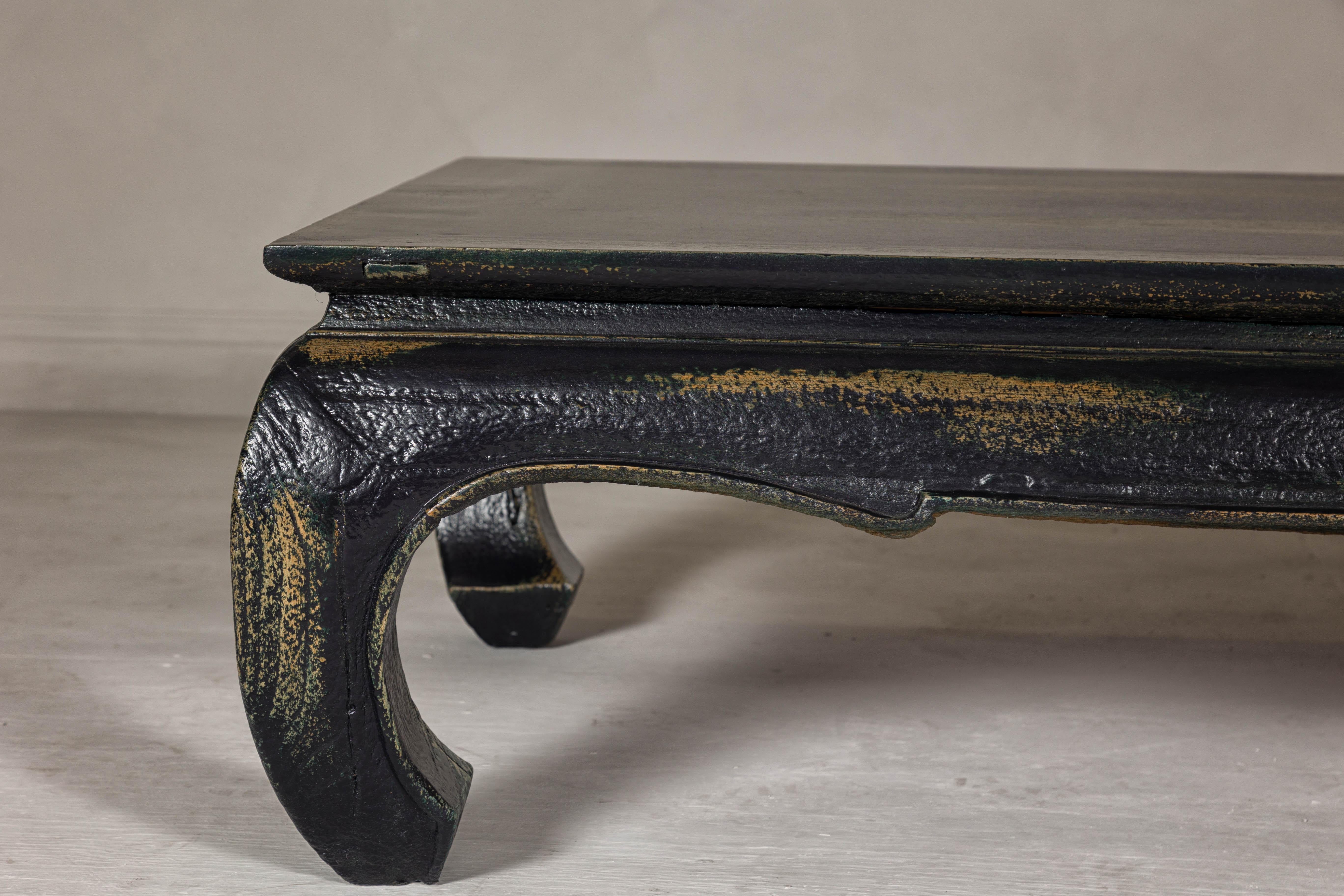 20th Century Distressed Dark Blue Chow Leg Coffee Table with Ocher Accents and Waisted Apron For Sale
