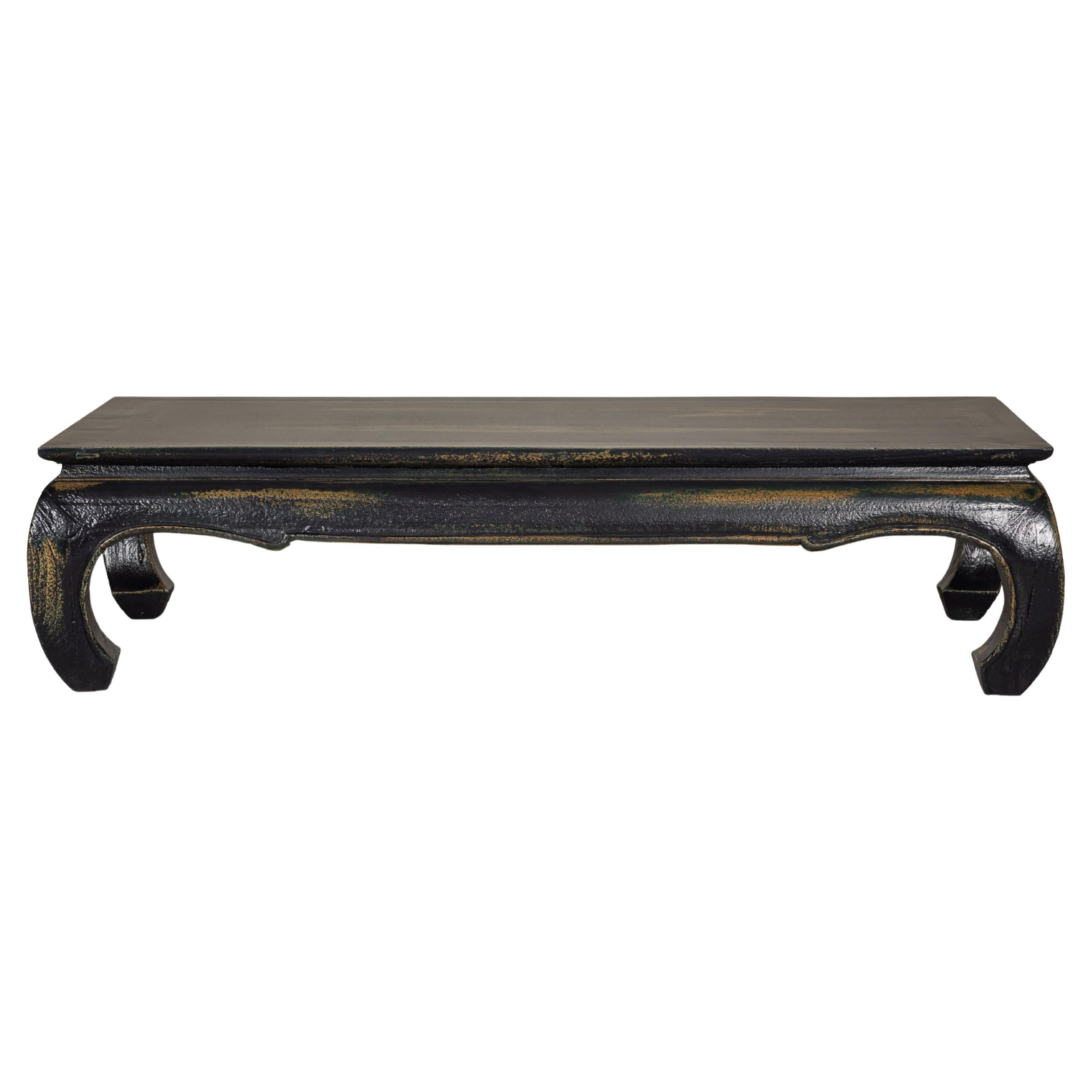 Distressed Dark Blue Chow Leg Coffee Table with Ocher Accents and Waisted Apron For Sale