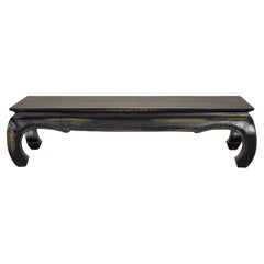 Used Distressed Dark Blue Chow Leg Coffee Table with Ocher Accents and Waisted Apron