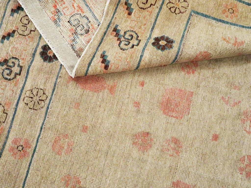 Distressed East Turkestan Khotan Gallery Carpet in Beige, Pink and Blue 2