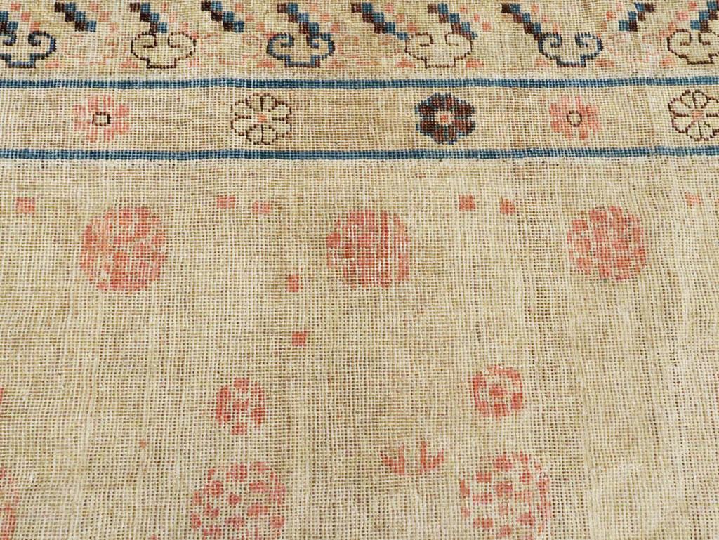 Wool Distressed East Turkestan Khotan Gallery Carpet in Beige, Pink and Blue