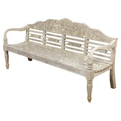Vintage Distressed English Midcentury Light Painted Garden Bench with Carved Foliage