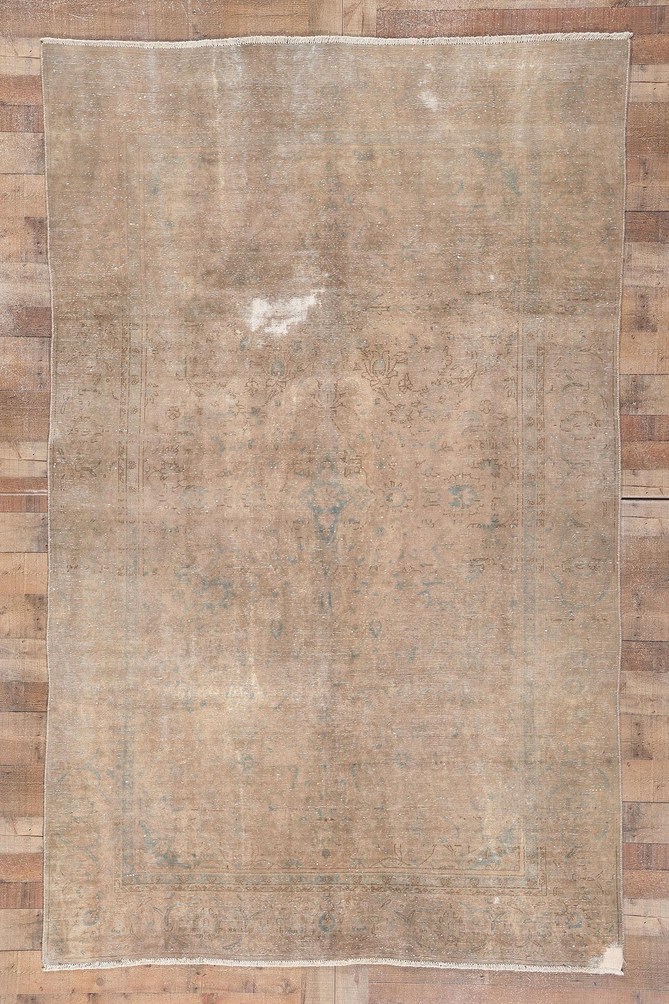 Distressed Faded Antique Persian Rug, Shabby Chic Luxe Meets Earth-Tone Elegance For Sale 2