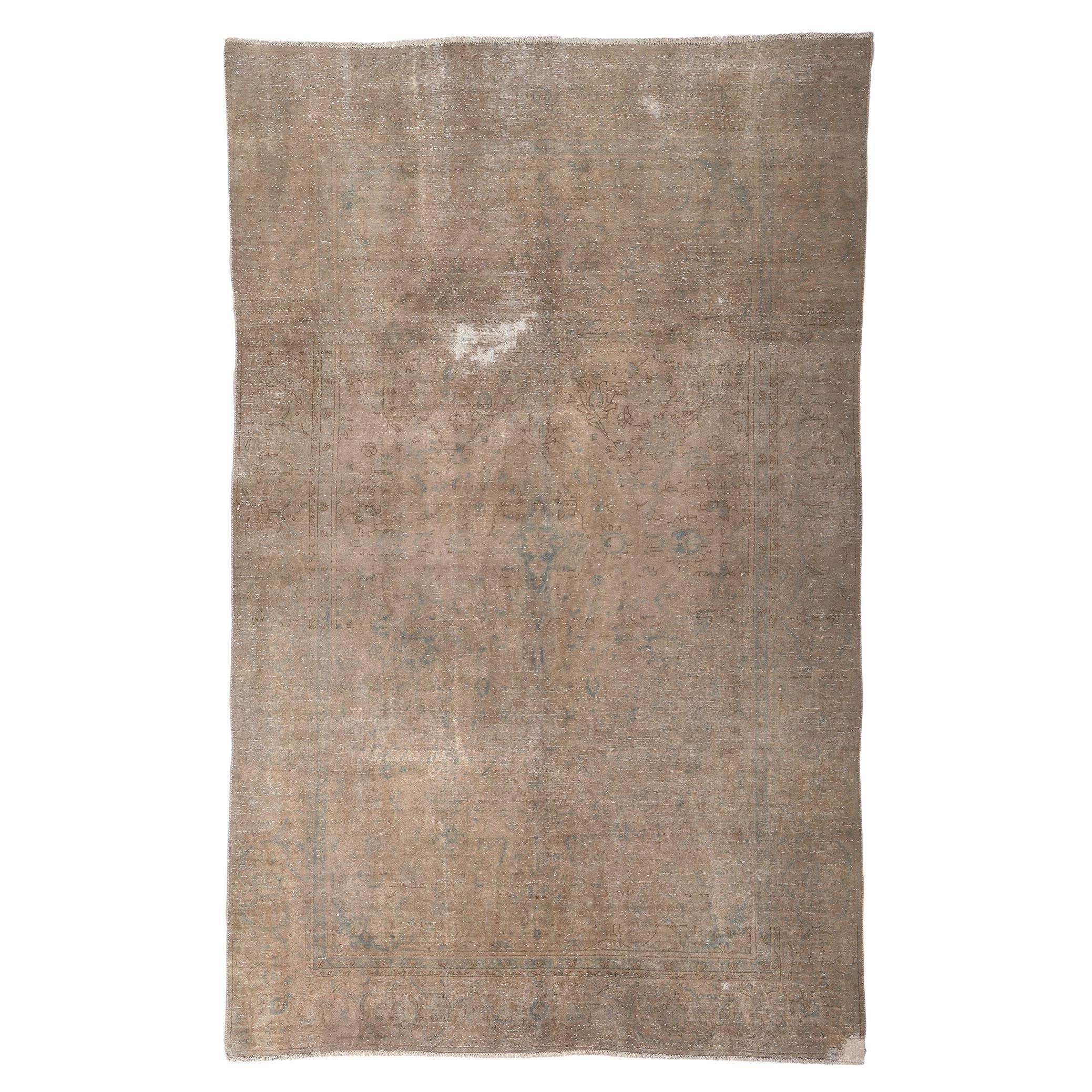 Distressed Faded Antique Persian Rug, Shabby Chic Luxe Meets Earth-Tone Elegance For Sale