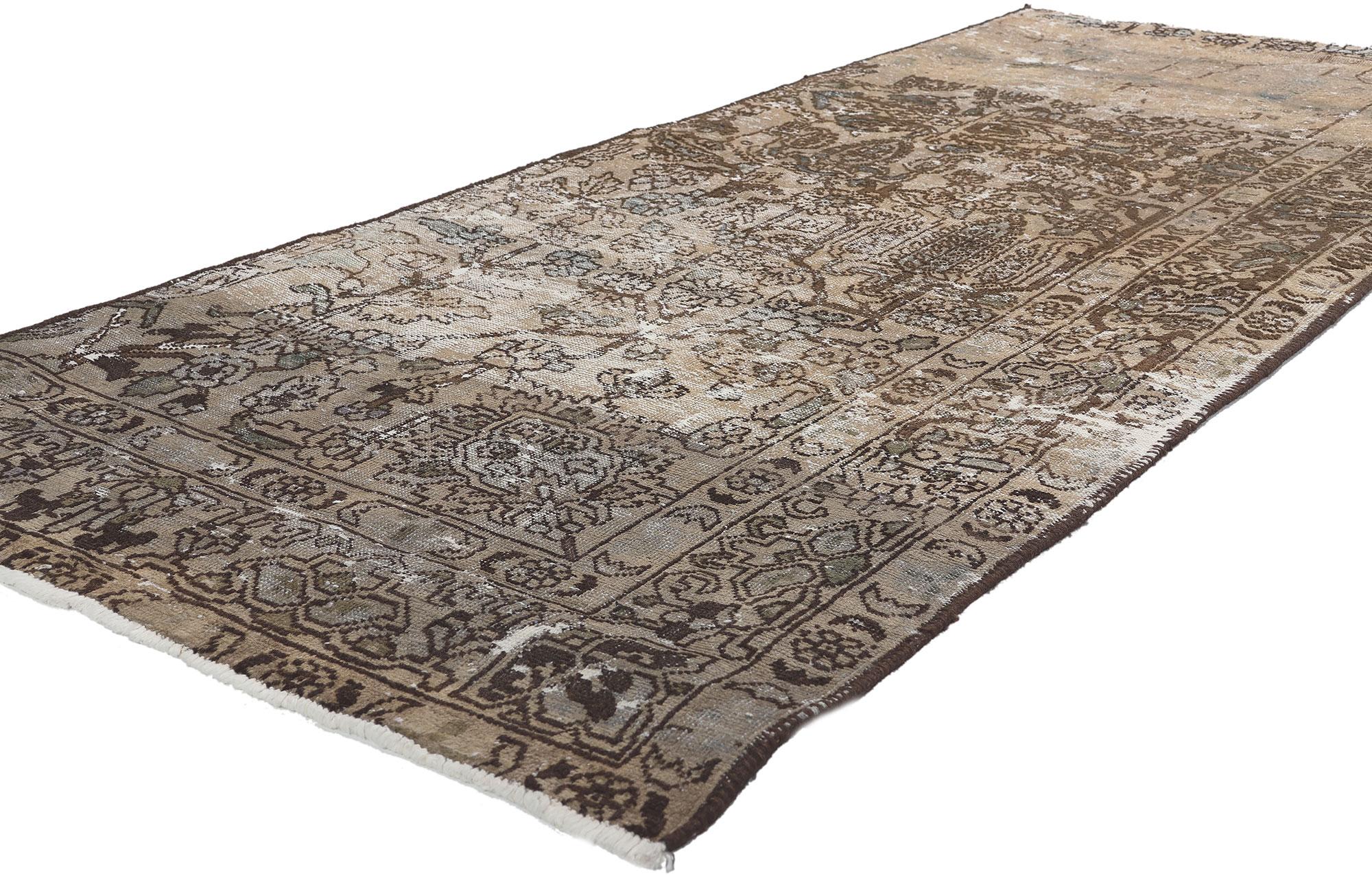 78603 Distressed Antique Persian Bakhtiari Rug, 03'00 x 07'02. 
Weathered charm meets rustic sensibility in this distressed vintage Persian Bakhtiari rug. The faded floral pattern and neutral earth-tone colors woven into this piece work together