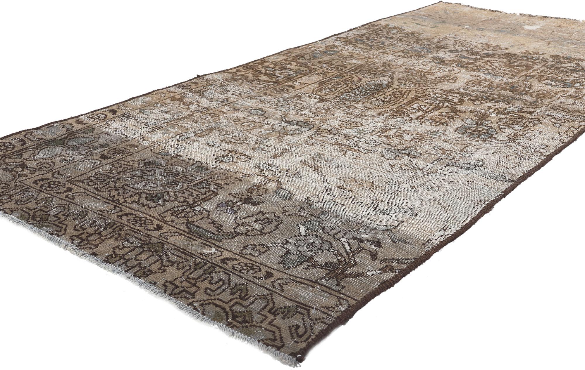 78602 Distressed Antique Persian Bakhtiari Rug, 03'00 x 06'10. 
Weathered charm meets rustic sensibility in this distressed vintage Persian Bakhtiari rug. The faded floral pattern and neutral earth-tone colors woven into this piece work together