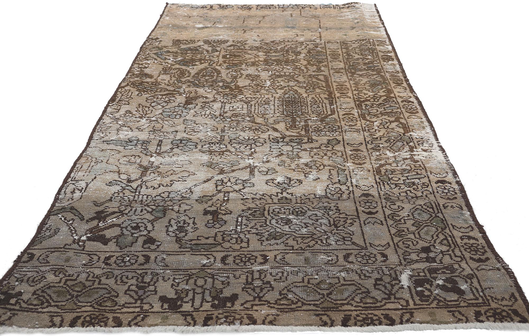 Rustic Distressed Faded Antique Persian Rug Weathered Charm Meets Earth-Tone Elegance For Sale