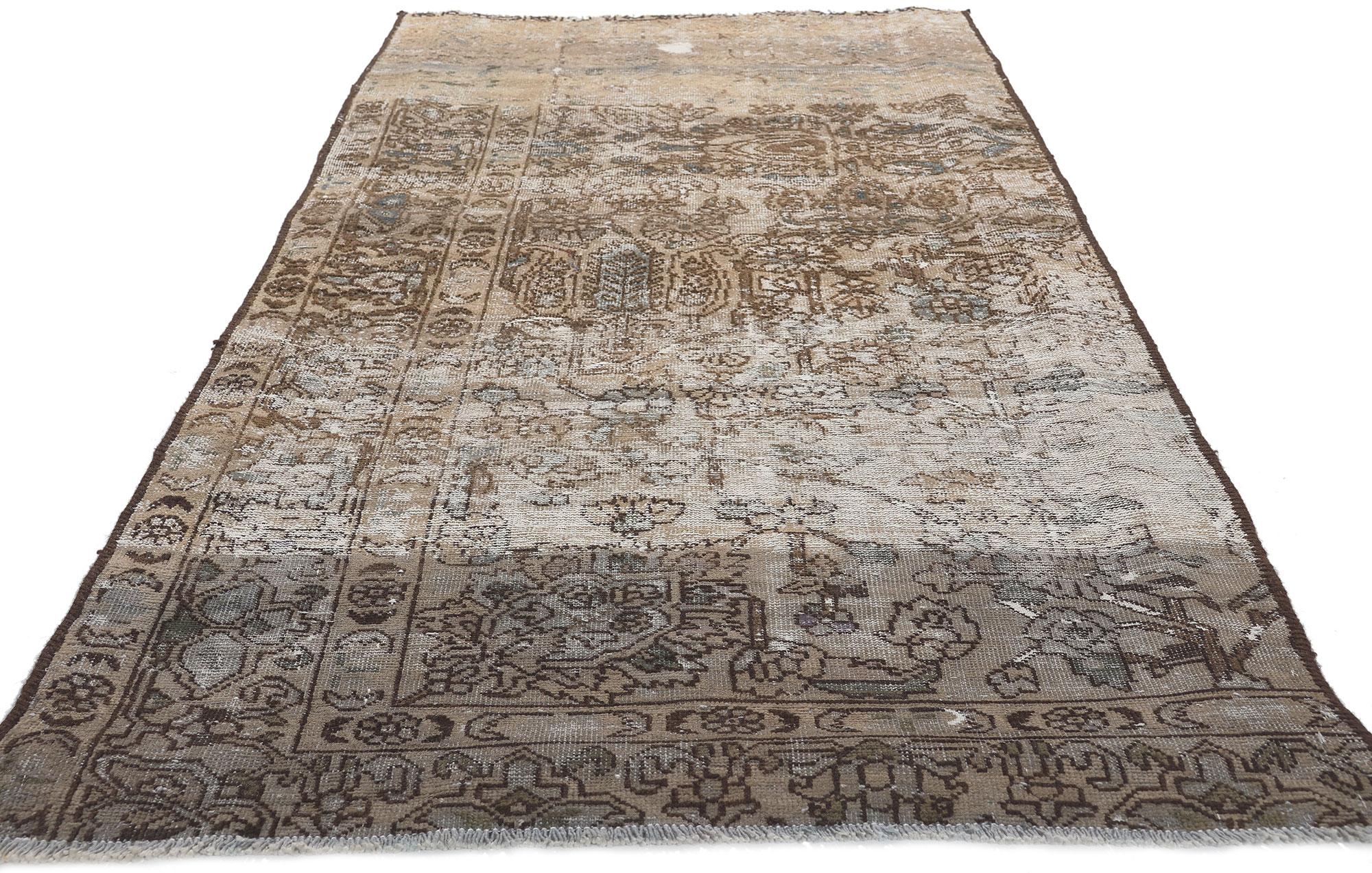 Rustic Distressed Faded Antique Persian Rug Weathered Charm Meets Earth-Tone Elegance For Sale