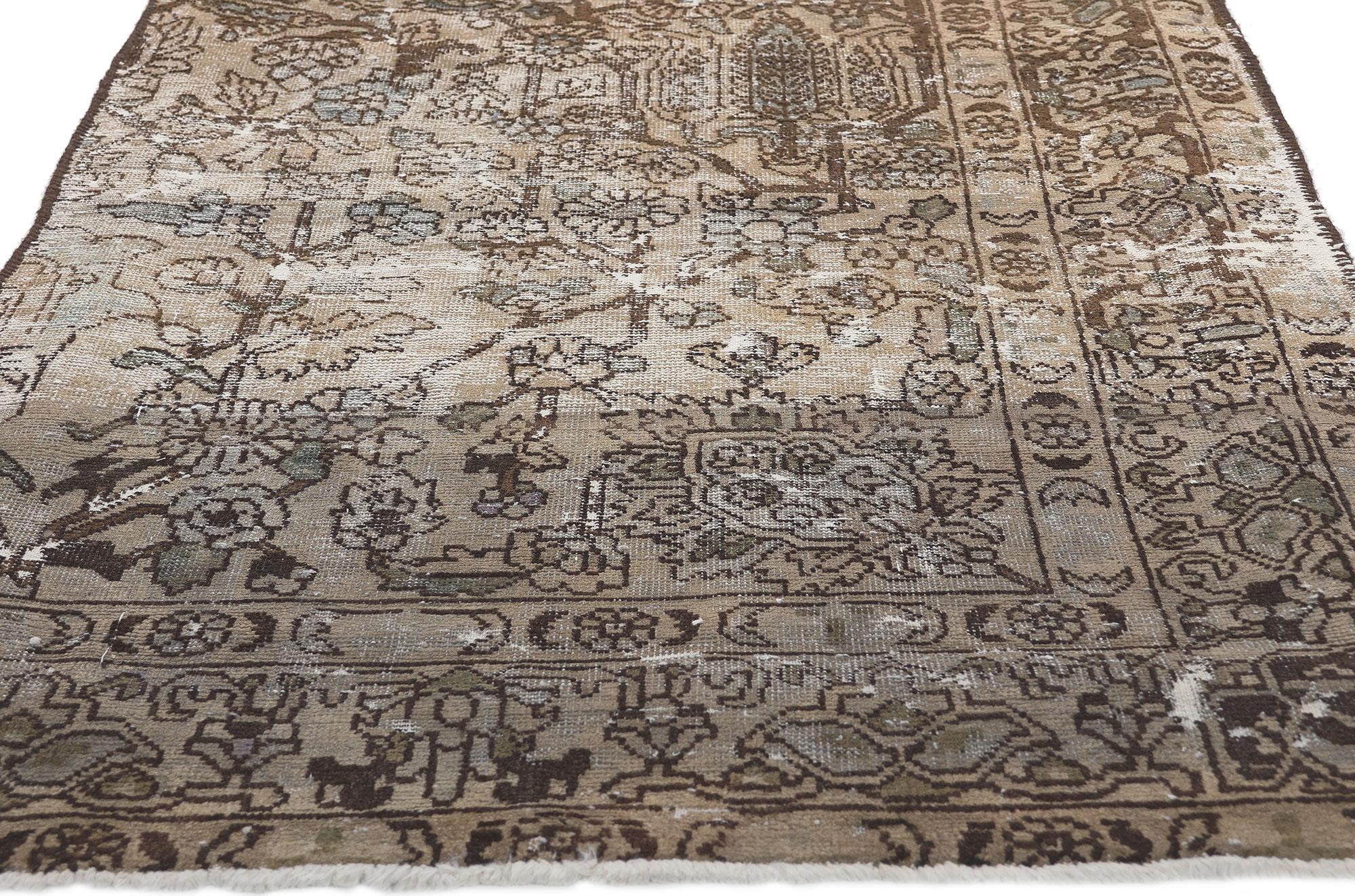 Hand-Knotted Distressed Faded Antique Persian Rug Weathered Charm Meets Earth-Tone Elegance For Sale