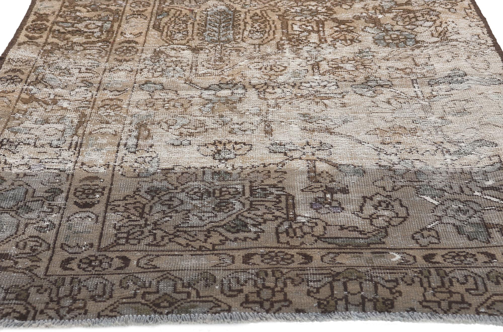 Hand-Knotted Distressed Faded Antique Persian Rug Weathered Charm Meets Earth-Tone Elegance For Sale
