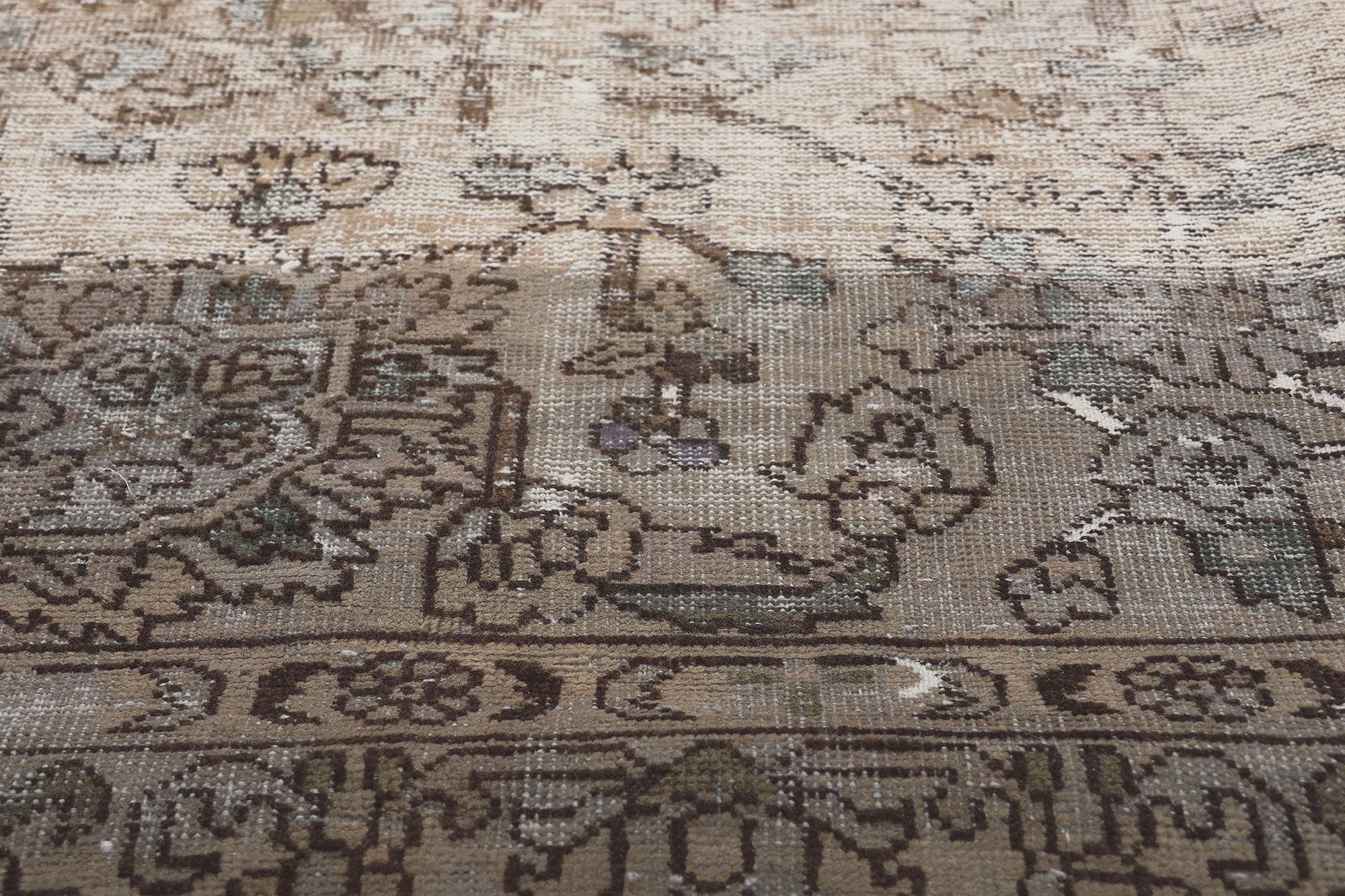 Distressed Faded Antique Persian Rug Weathered Charm Meets Earth-Tone Elegance In Distressed Condition For Sale In Dallas, TX