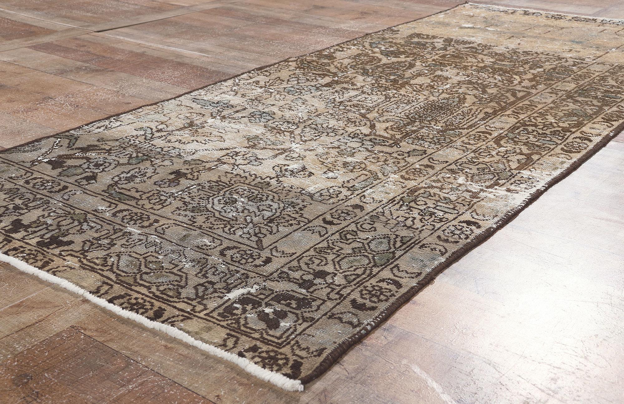 Wool Distressed Faded Antique Persian Rug Weathered Charm Meets Earth-Tone Elegance For Sale