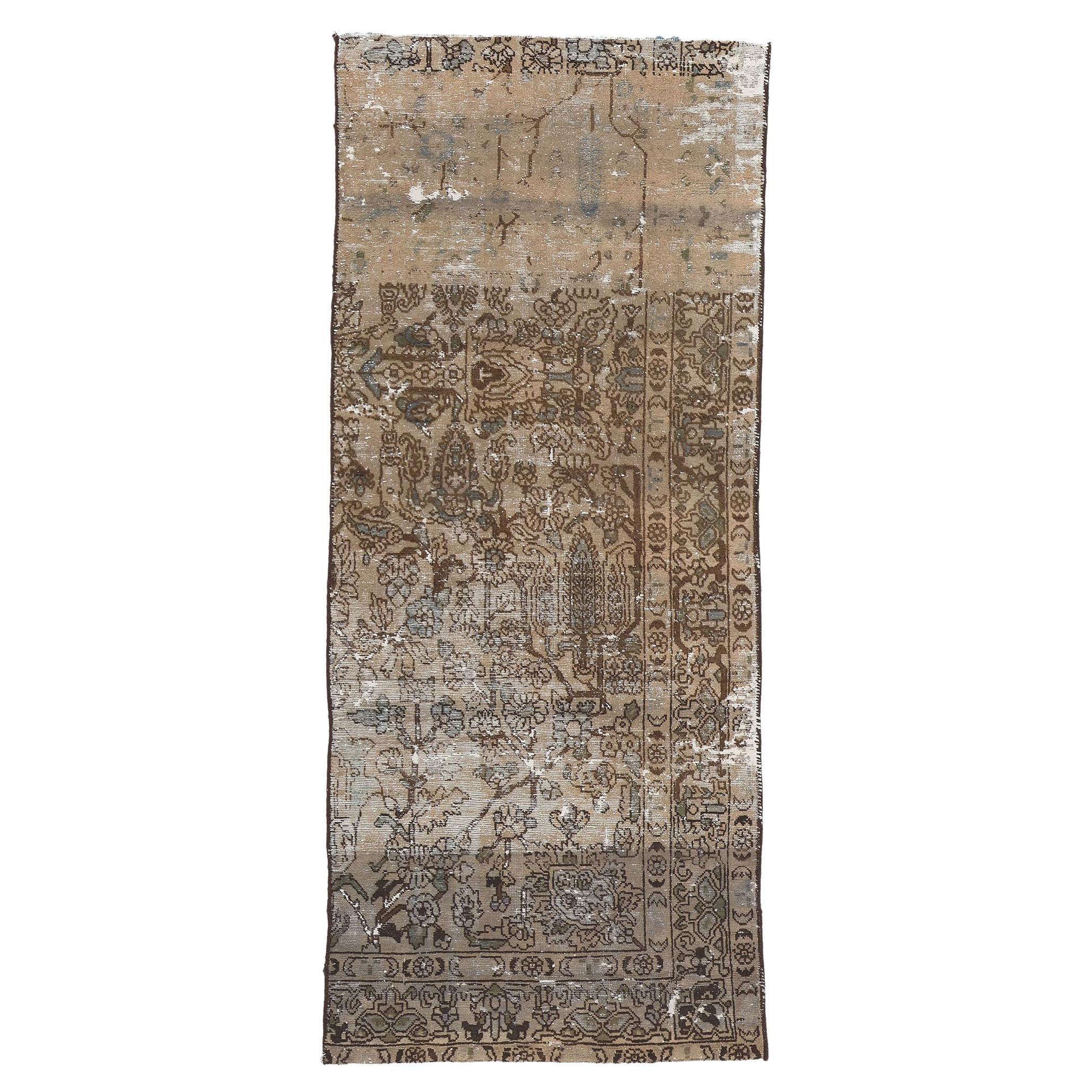 Distressed Faded Antique Persian Rug Weathered Charm Meets Earth-Tone Elegance For Sale