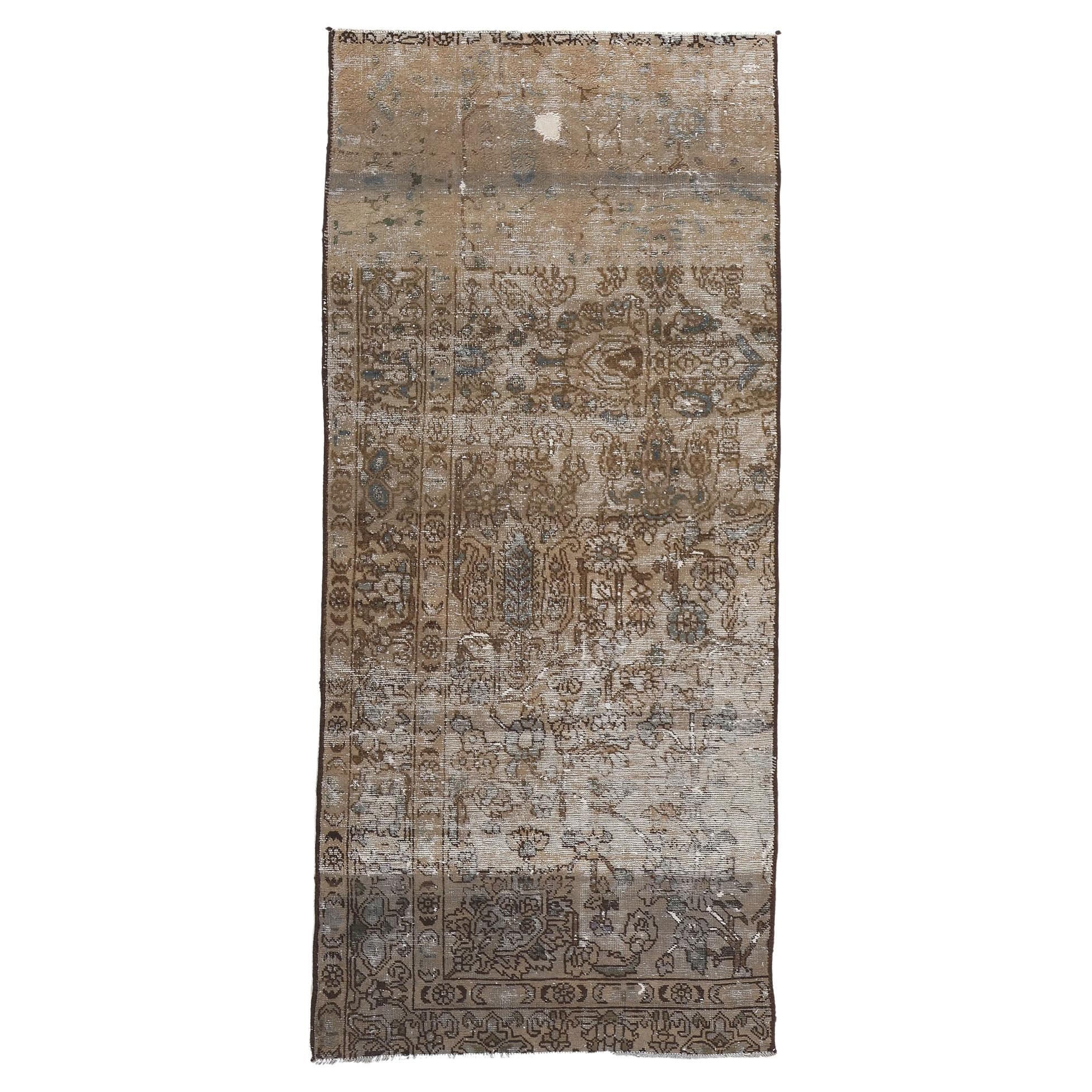 Distressed Faded Antique Persian Rug Weathered Charm Meets Earth-Tone Elegance For Sale