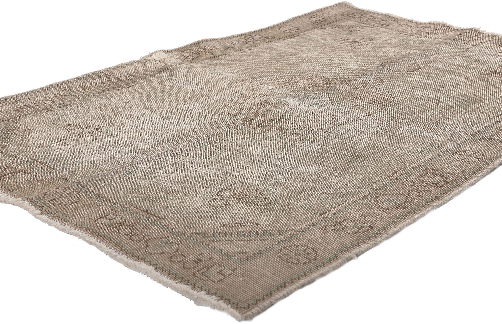 78573 Distressed Vintage Persian Tabriz Rug, 03'01 x 04'07. Vintage charm meets modern luxe in this distressed vintage Persian rug. The rustic elegance and muted earth-tone color palette woven into this piece work together creating a truly