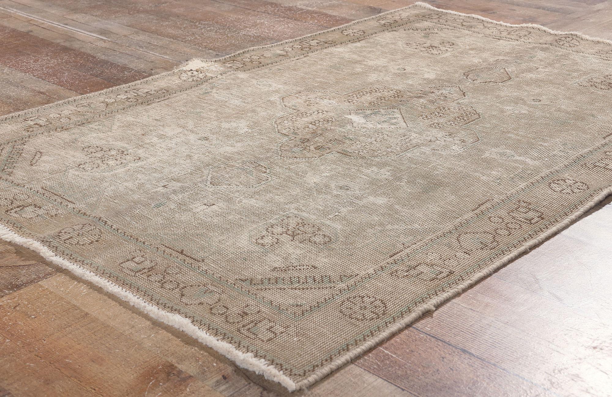 Wool Distressed Faded Vintage Persian Rug, Earth-Tone Elegance Meets Modern Luxe For Sale