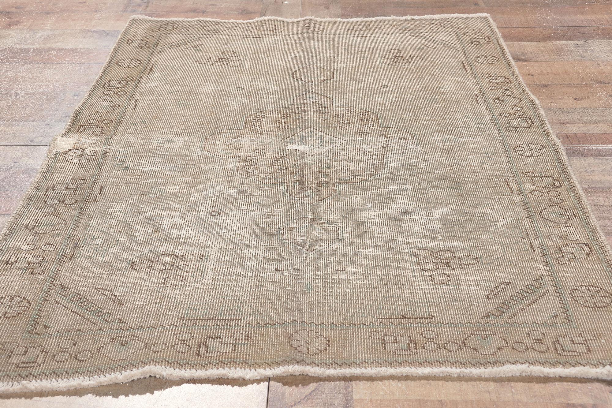 Distressed Faded Vintage Persian Rug, Earth-Tone Elegance Meets Modern Luxe For Sale 1