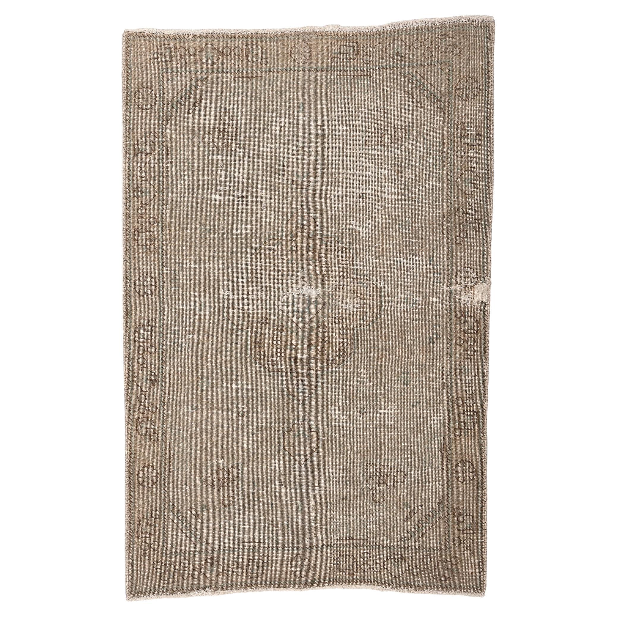 Distressed Faded Vintage Persian Rug, Earth-Tone Elegance Meets Modern Luxe For Sale