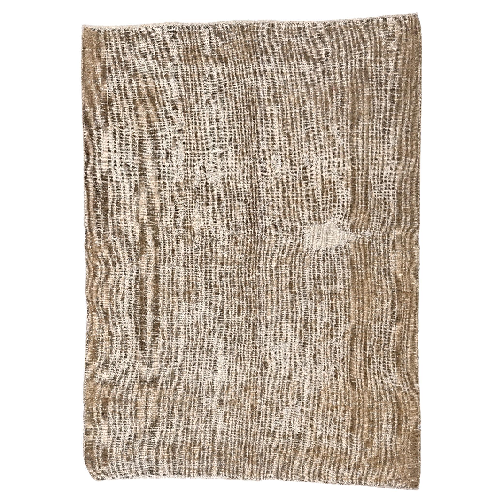 Distressed Faded Vintage Persian Rug, Earth-Tone Elegance Meets Modern Luxe For Sale