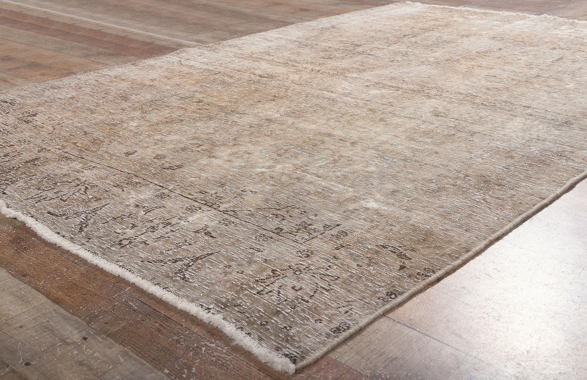Wool Distressed Faded Vintage Persian Rug, Industrial Luxe Meets Earth-Tone Elegance For Sale