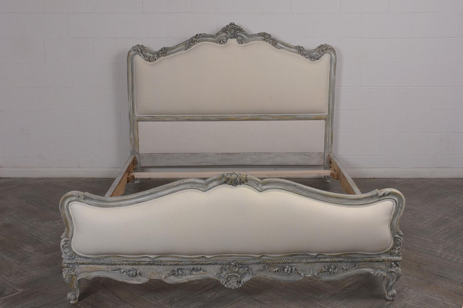 Carved Distressed Finish 1900s Louis XV Style Queen Size Bed Bed