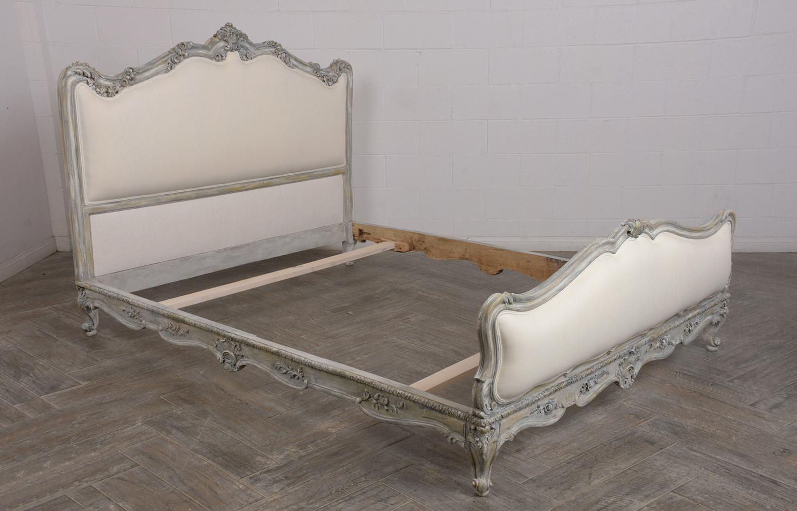 Early 20th Century Distressed Finish 1900s Louis XV Style Queen Size Bed Bed