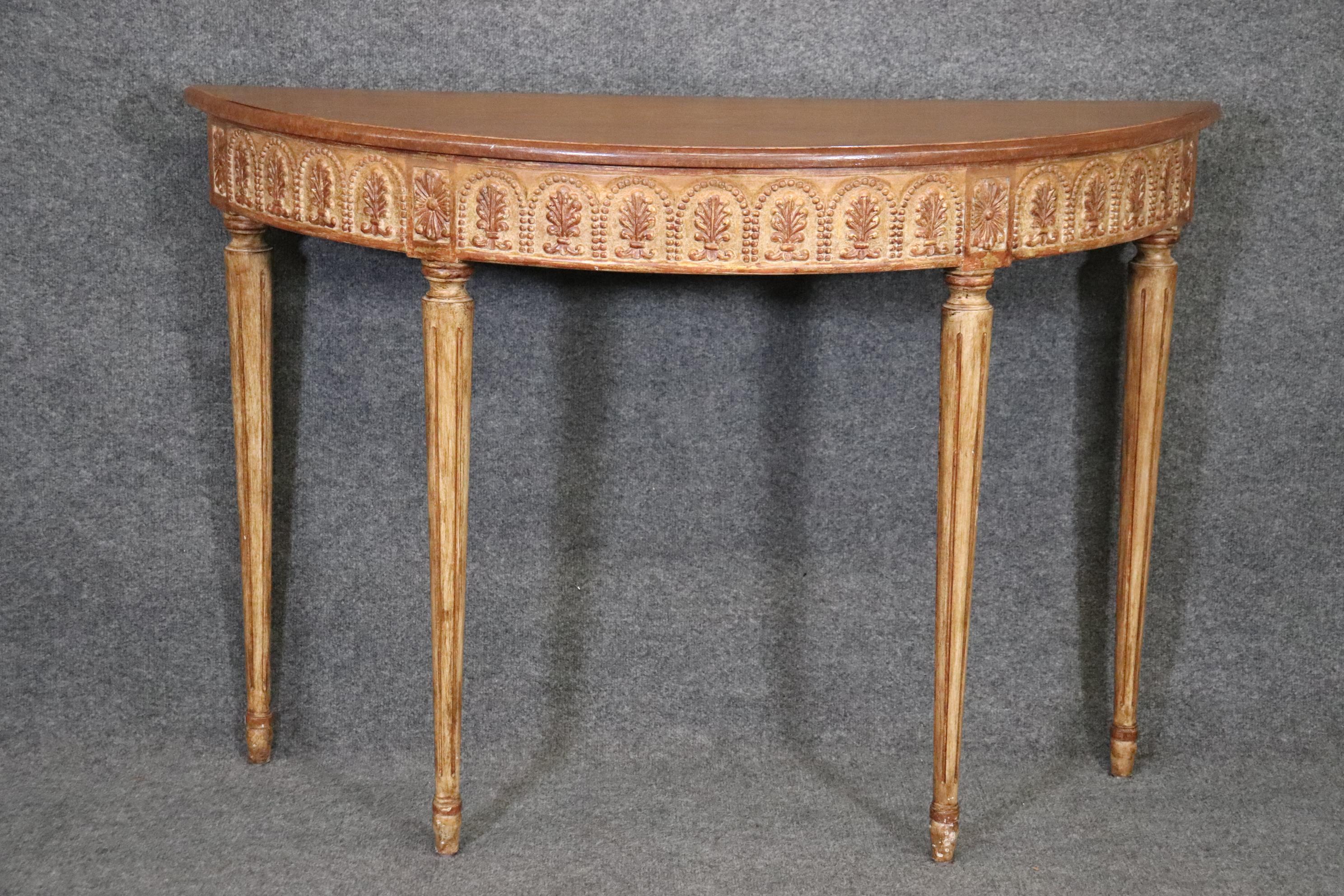 Distressed Finished Paint Decorated Louis XVI Directoire Demilune Console Table  In Good Condition In Swedesboro, NJ