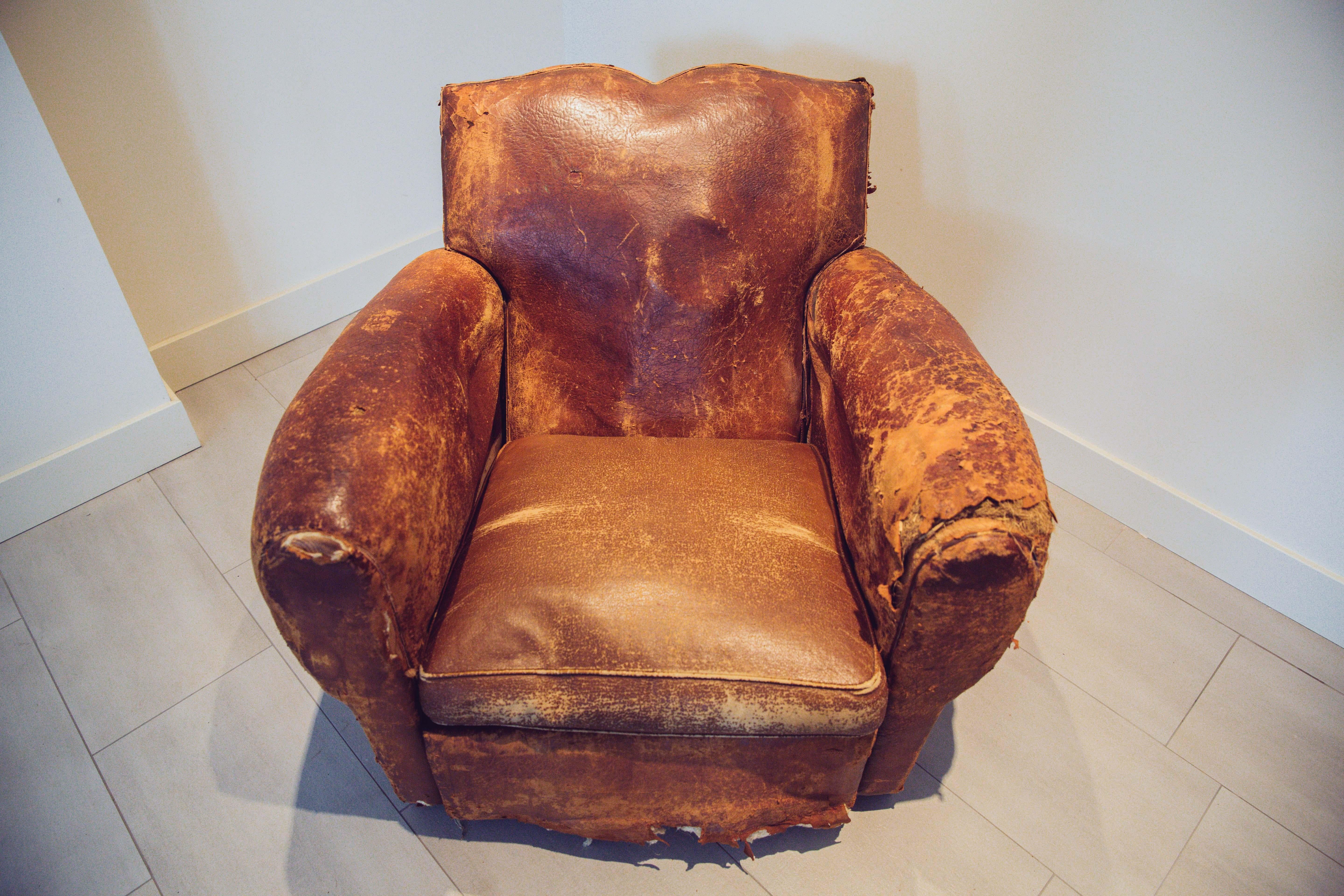 Distressed French Art Deco Leather Art Deco Club Chair For Sale 6