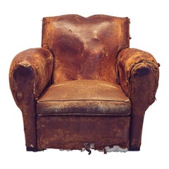 Antique Distressed French Art Deco Leather Art Deco Club Chair