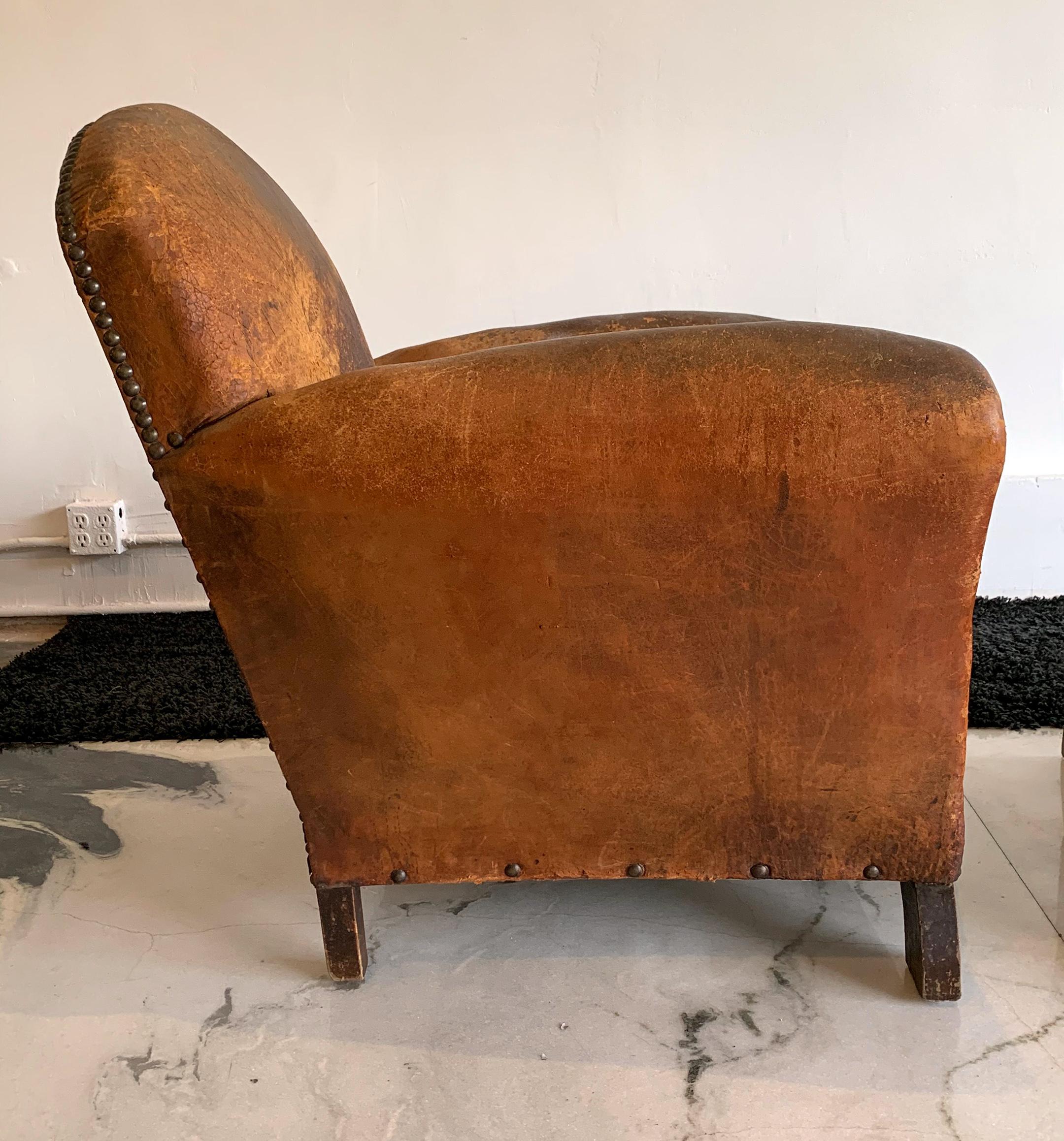 Distressed French Art Deco Leather Club Chairs, a Pair 6