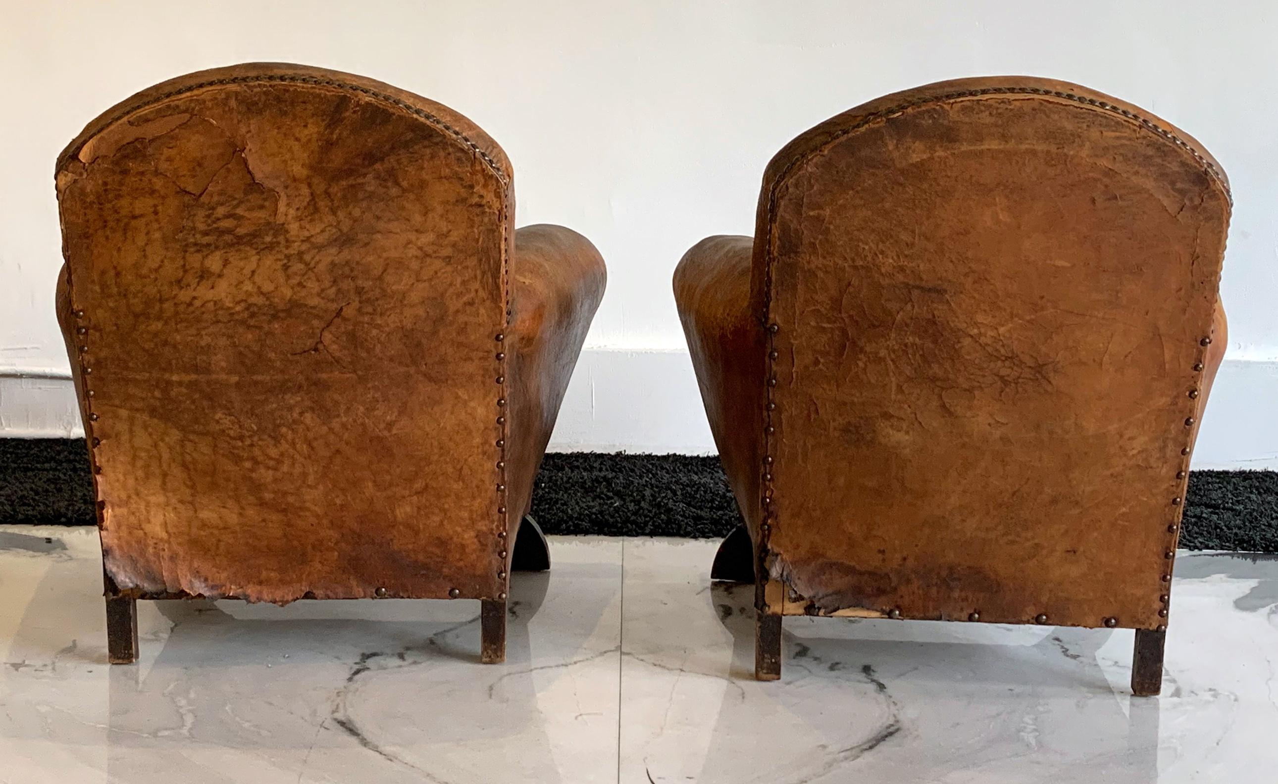 Distressed French Art Deco Leather Club Chairs, a Pair 7