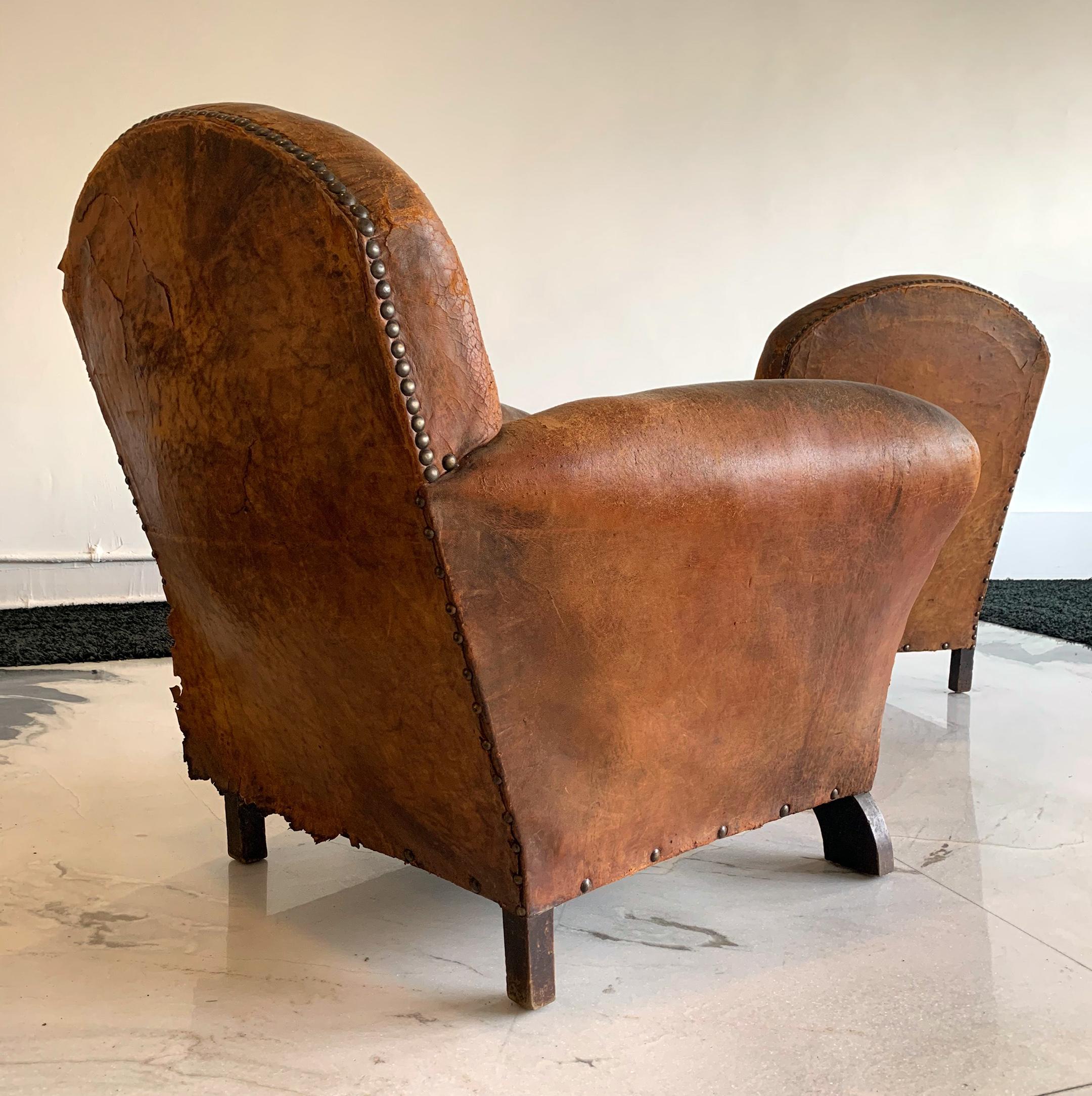 Distressed French Art Deco Leather Club Chairs, a Pair 9
