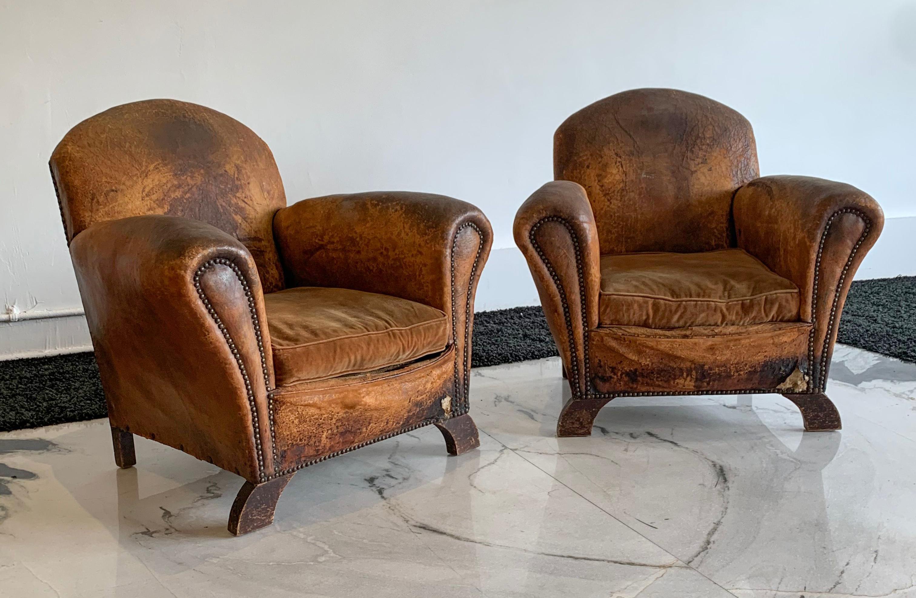 Distressed French Art Deco Leather Club Chairs, a Pair In Distressed Condition In Culver City, CA