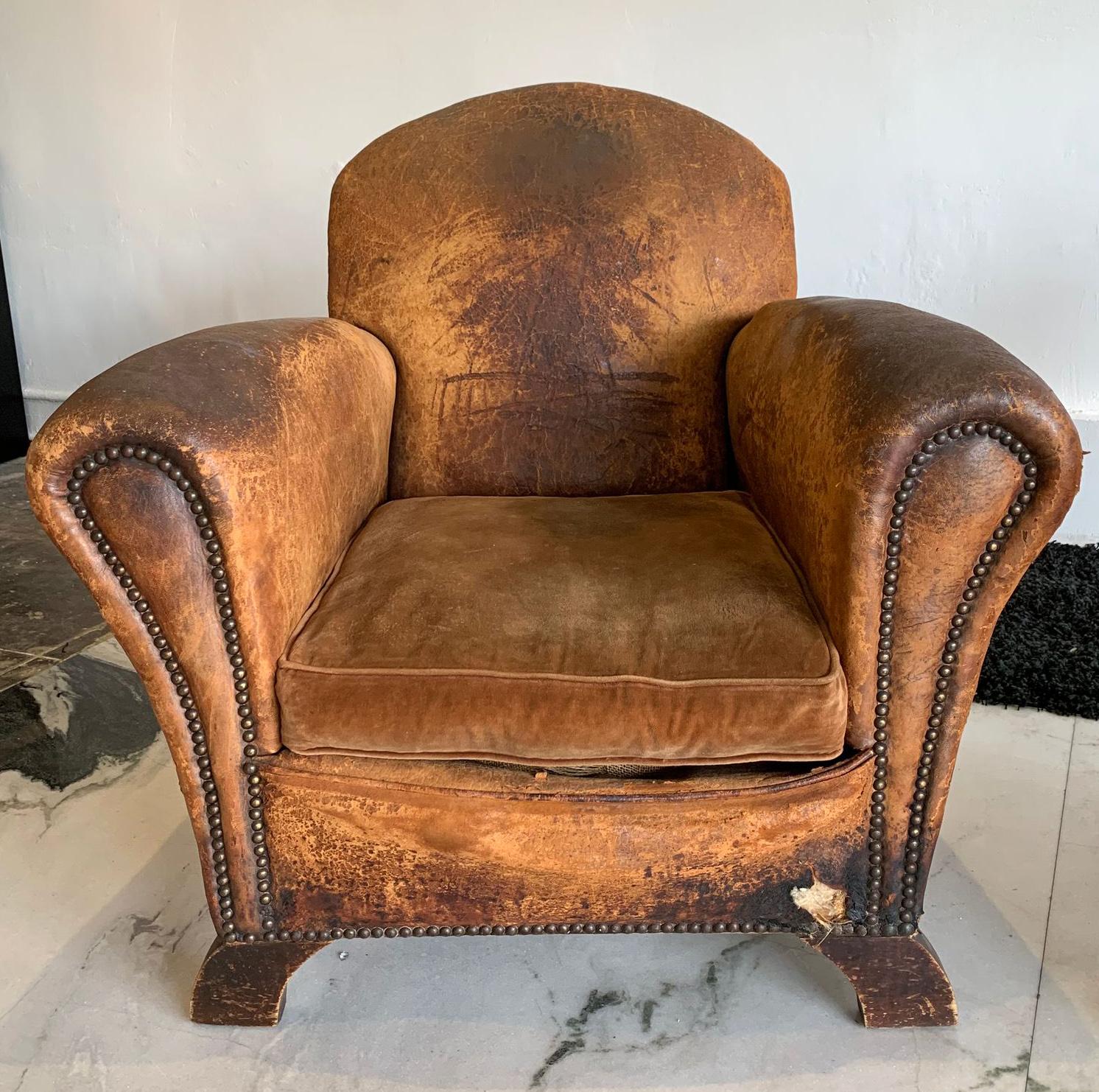 Early 20th Century Distressed French Art Deco Leather Club Chairs, a Pair