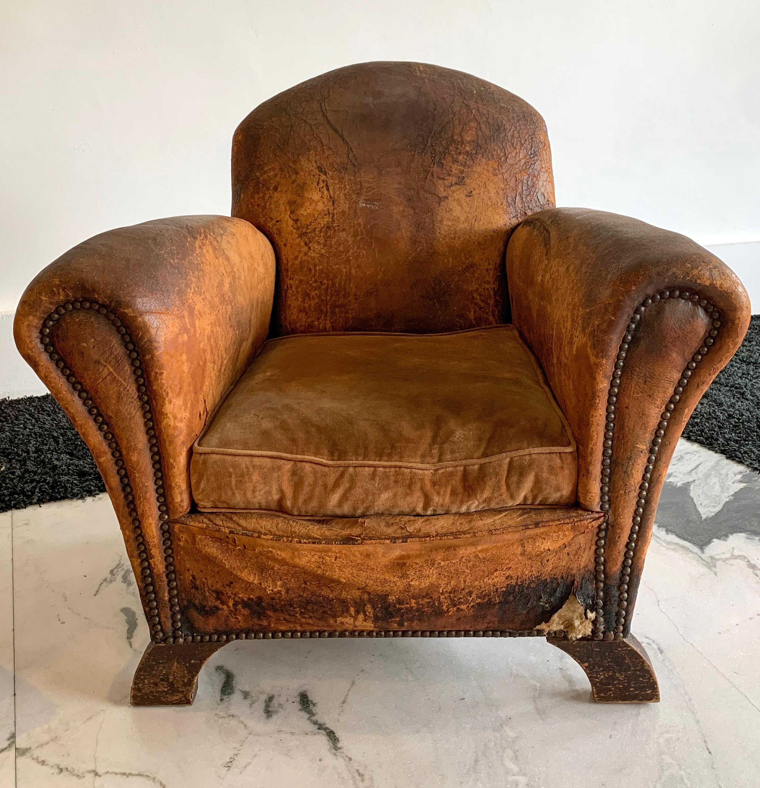 Distressed French Art Deco Leather Club Chairs, a Pair 1