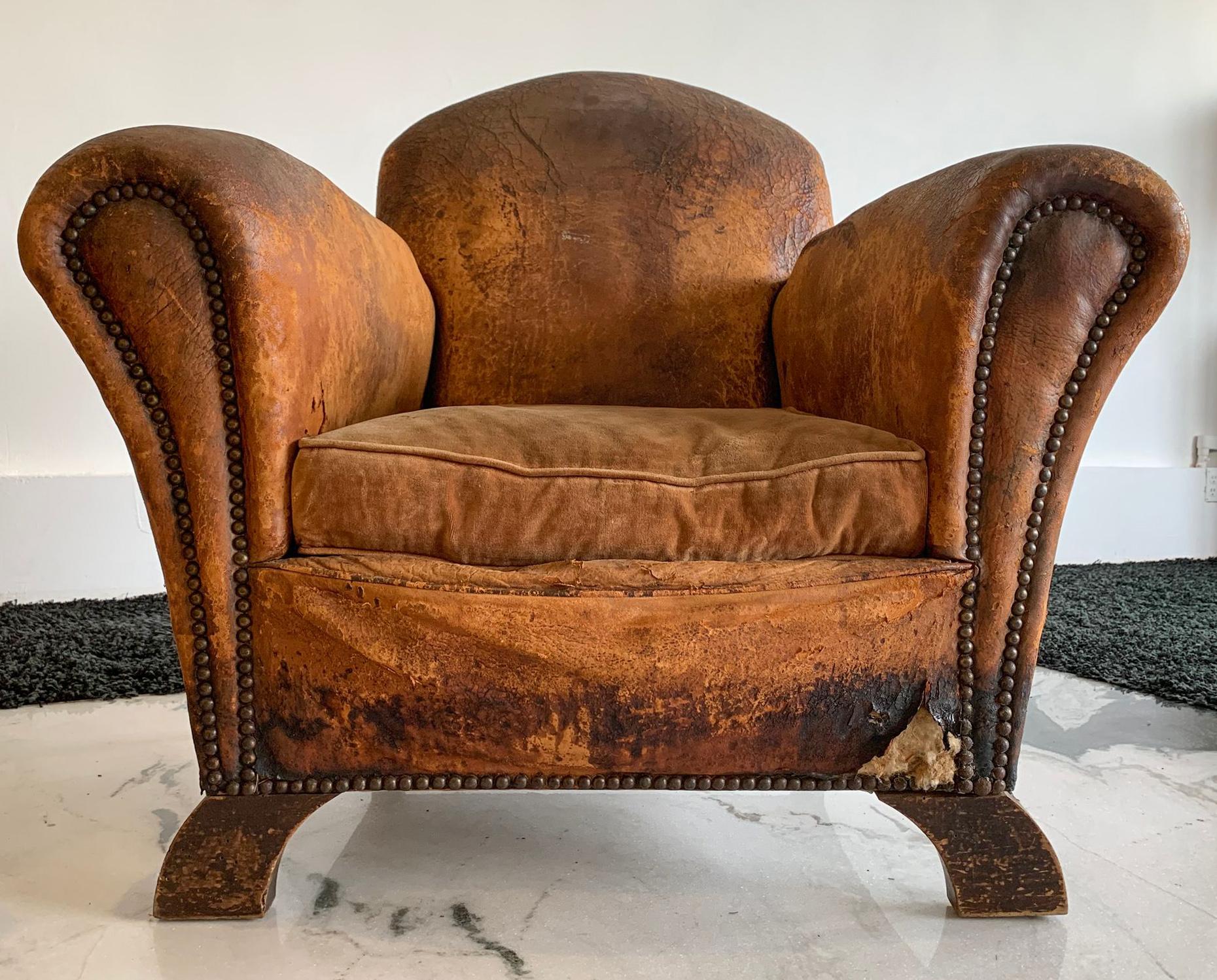 Distressed French Art Deco Leather Club Chairs, a Pair 3