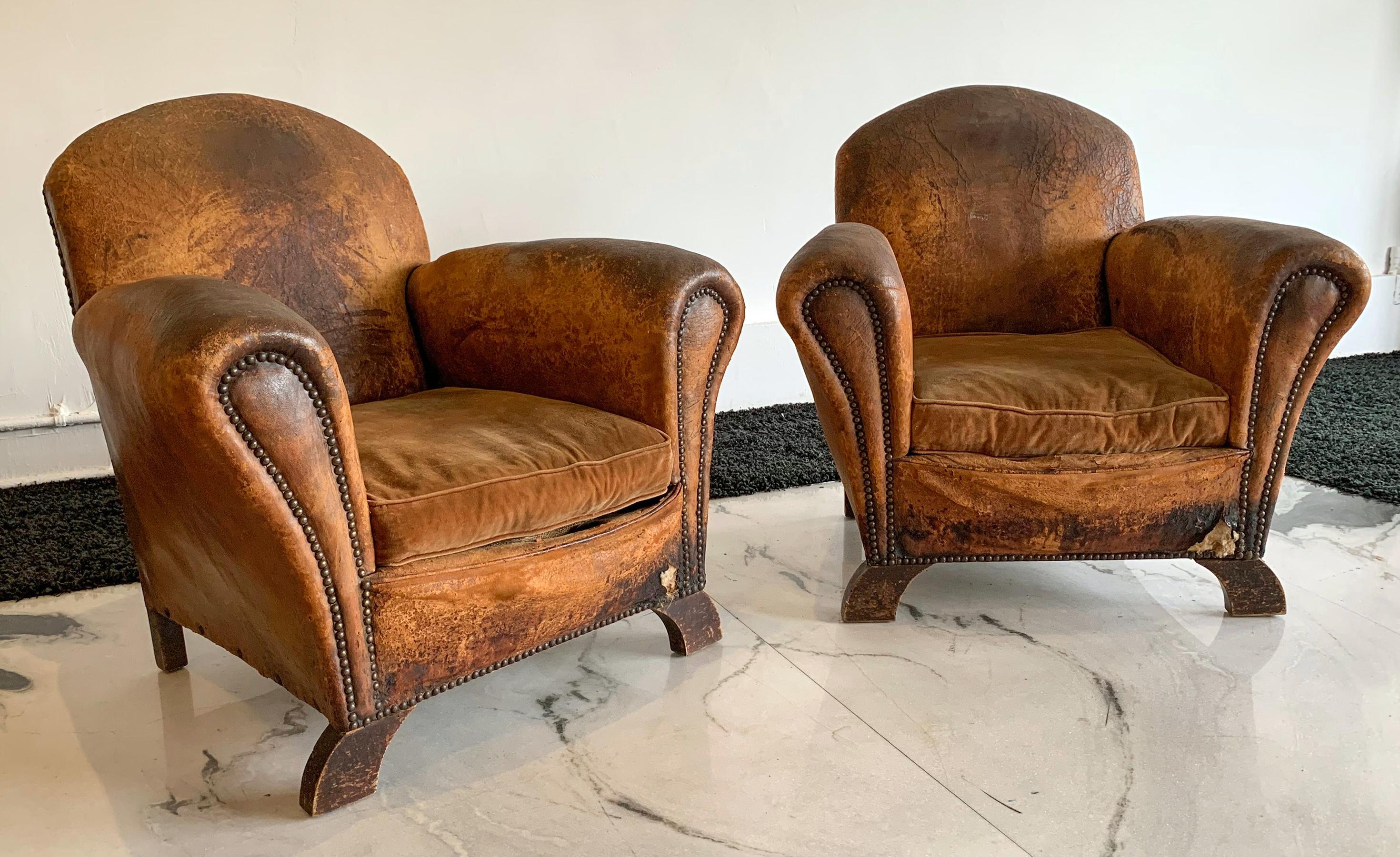 Distressed French Art Deco Leather Club Chairs, a Pair 4