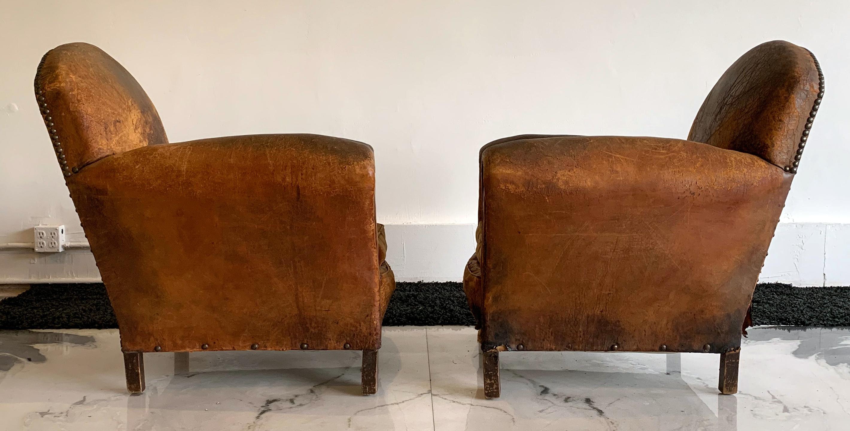 Distressed French Art Deco Leather Club Chairs, a Pair 5
