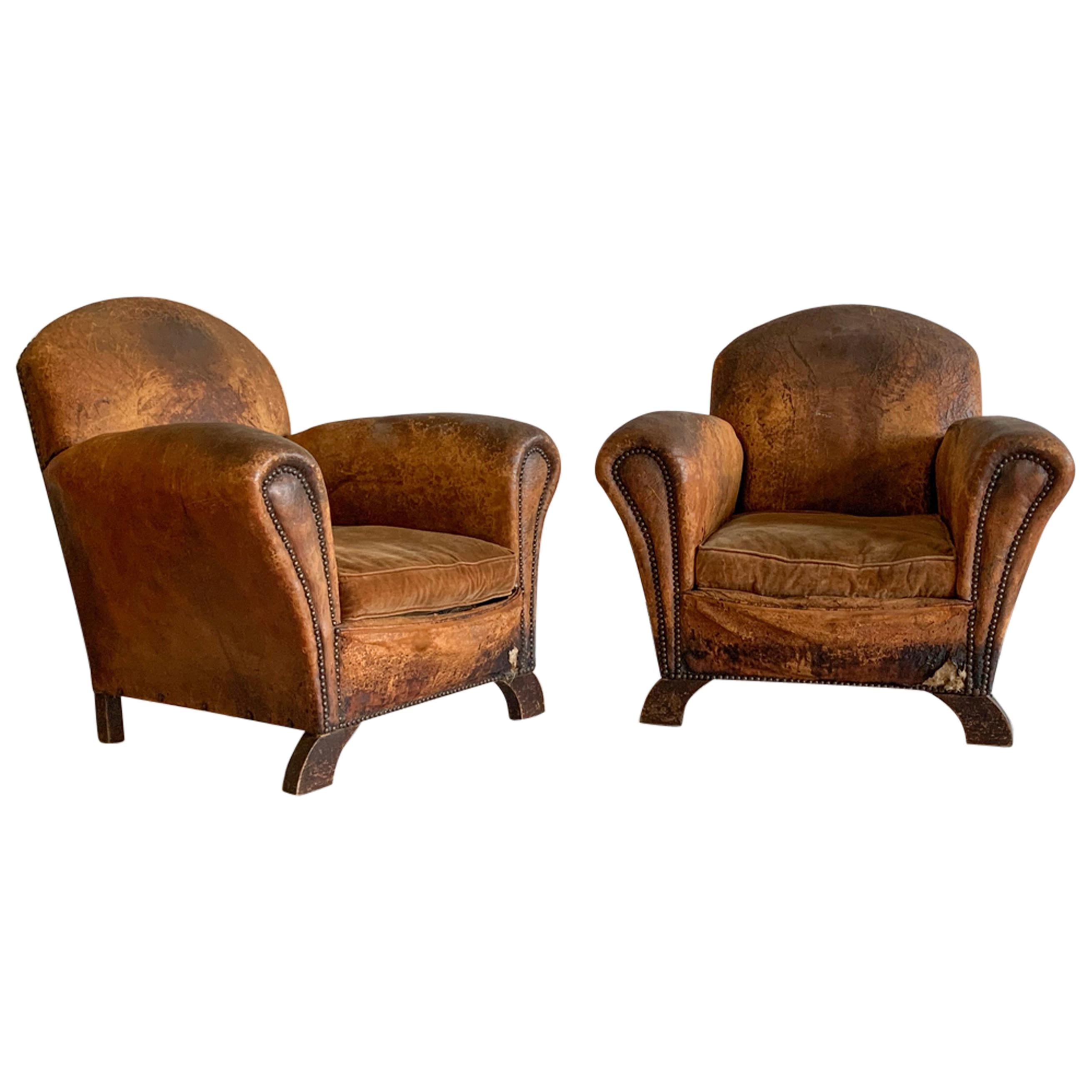 Distressed French Art Deco Leather Club Chairs, a Pair