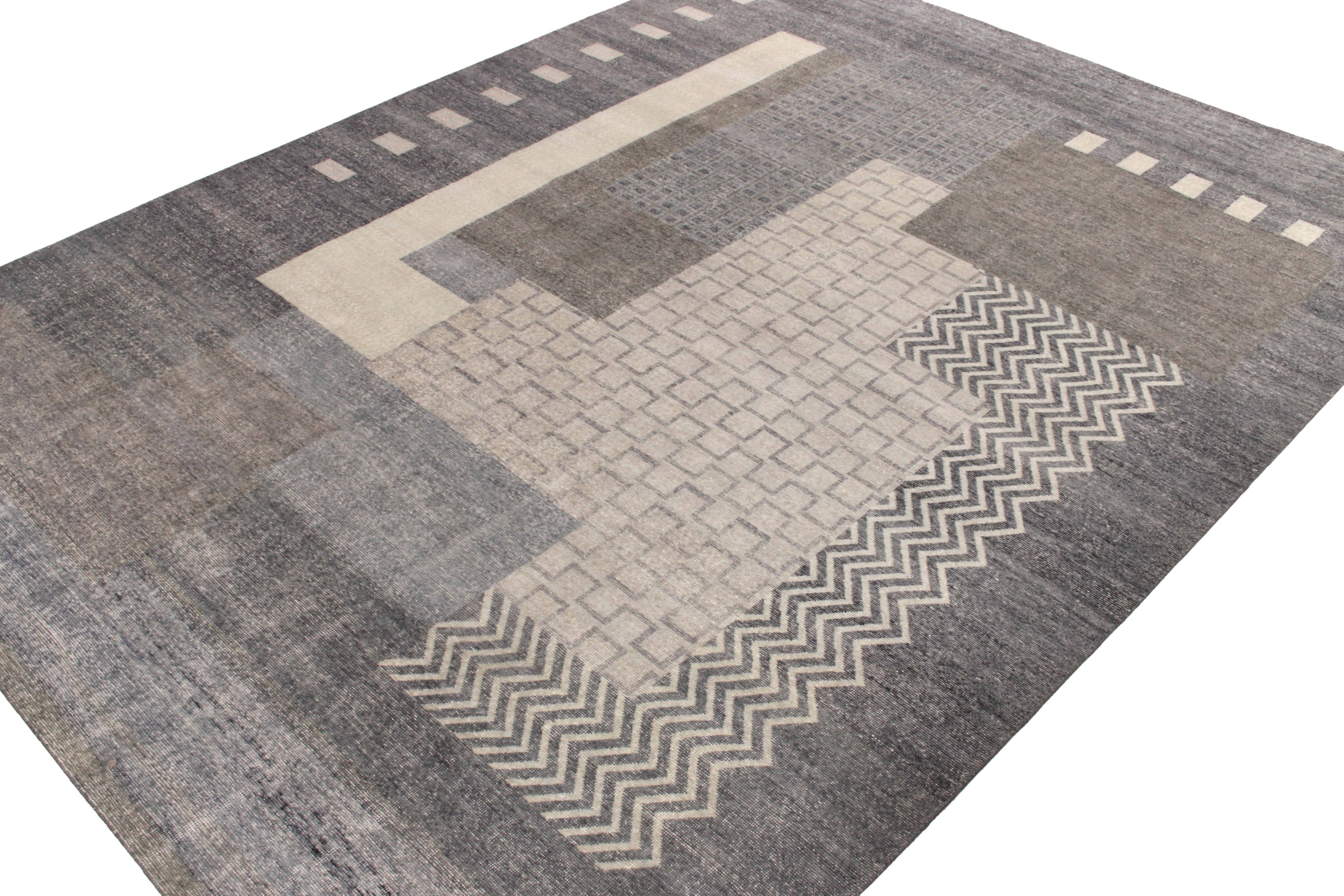 Indian Rug & Kilim's Distressed French Art Deco Style Rug in Gray Geometric Pattern For Sale