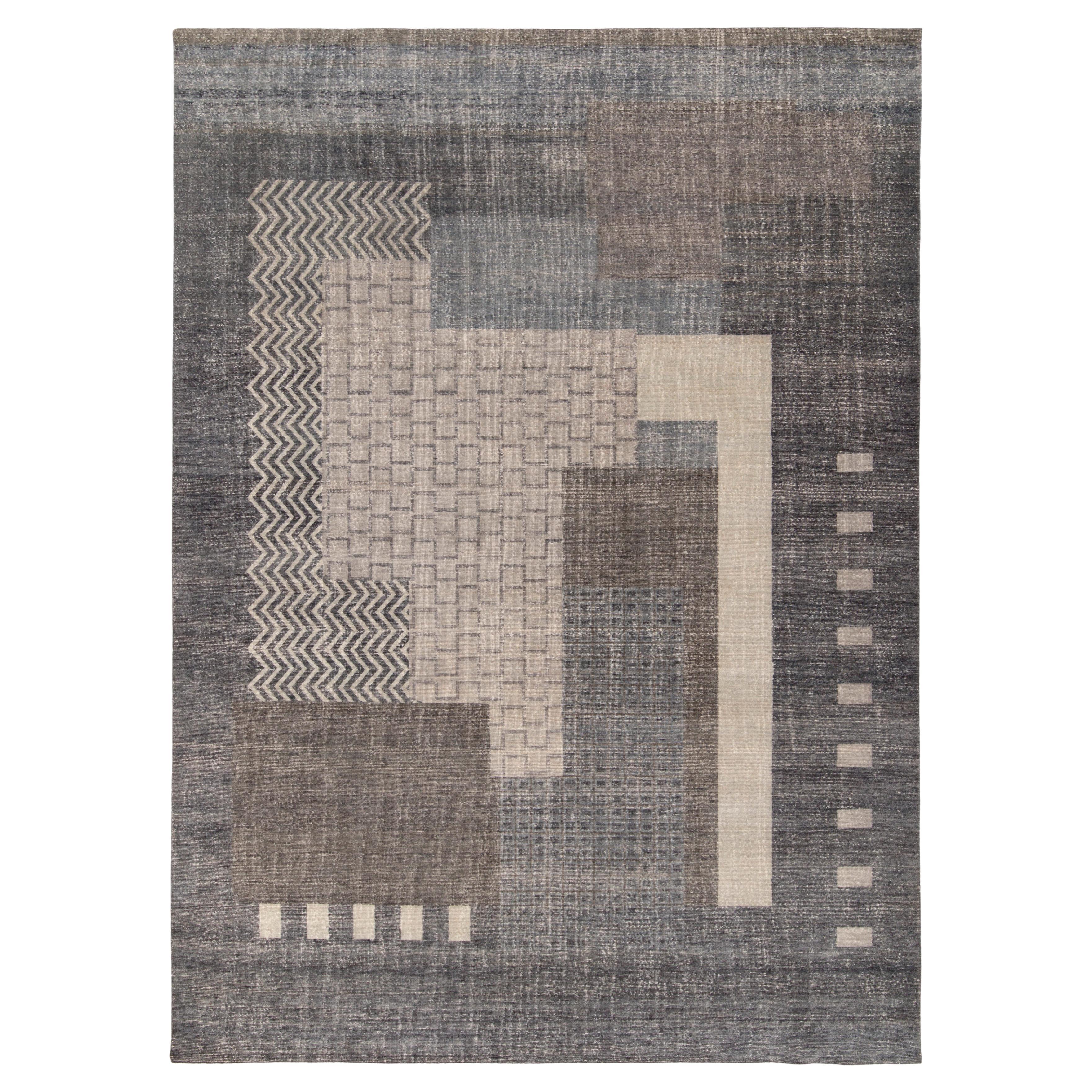 Französischer Teppich & Kelim-Teppich im Art-déco-Stil mit grauem geometrischem Muster