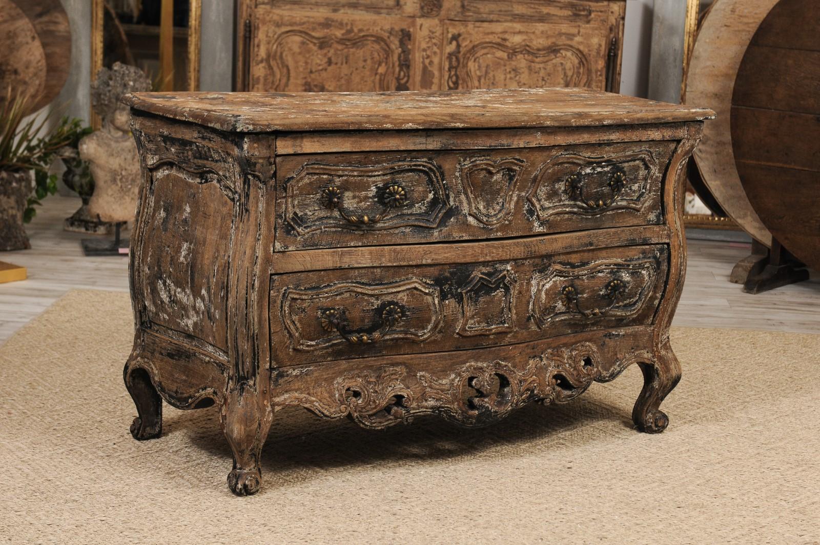 Carved Distressed French Louis XV Style Two-Drawer Commode en Tombeau, circa 1890