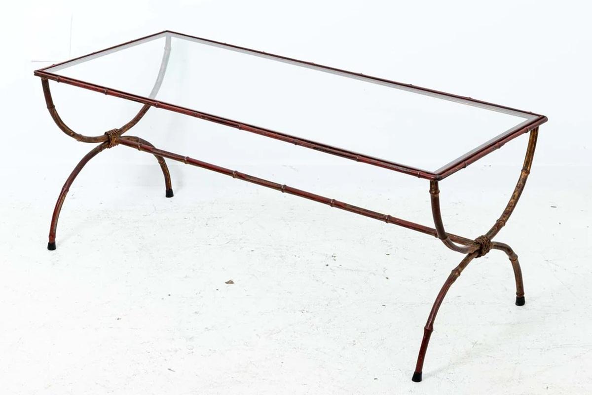 Distressed Gilt Faux Bamboo and Glass Coffee Table In Good Condition For Sale In New York, NY