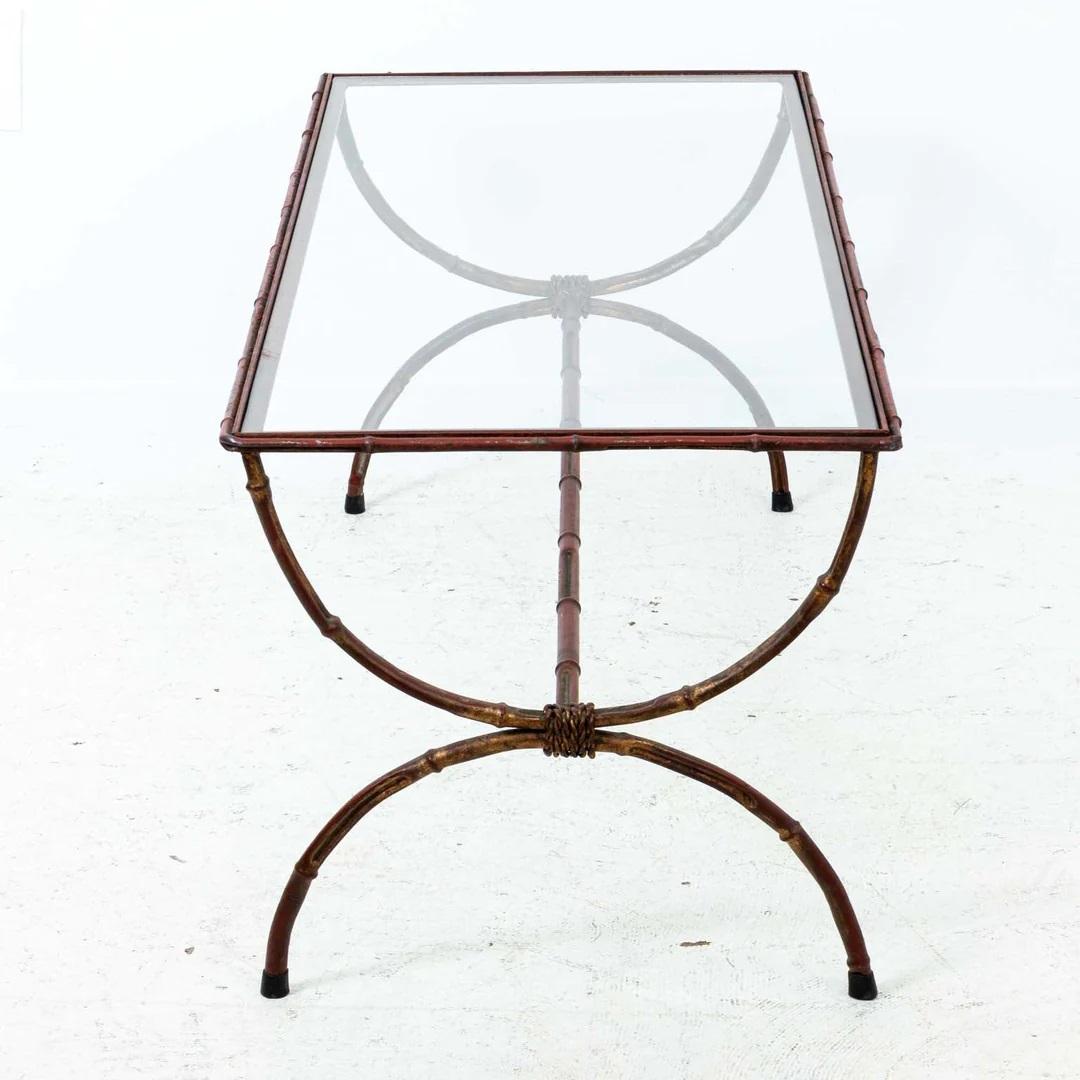 Distressed Gilt Faux Bamboo and Glass Coffee Table For Sale 1