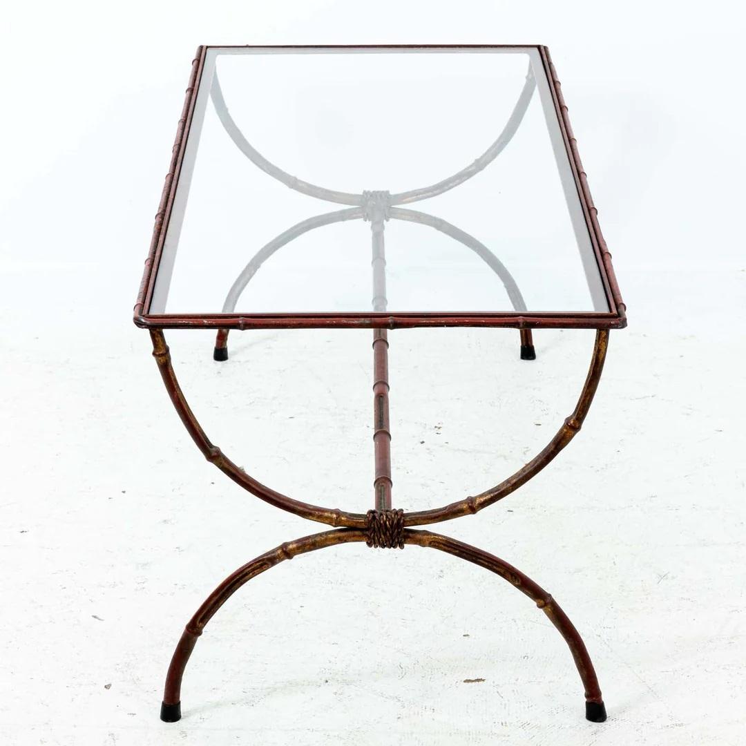 Distressed Gilt Faux Bamboo and Glass Coffee Table For Sale 2