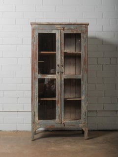 Distressed Glass-Front Cabinet with Weathered Blue Finish