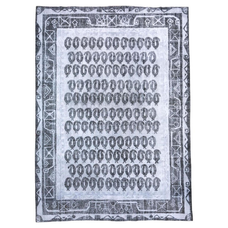 Distressed Gray Overdyed Rug, Paisley Field For Sale at 1stDibs
